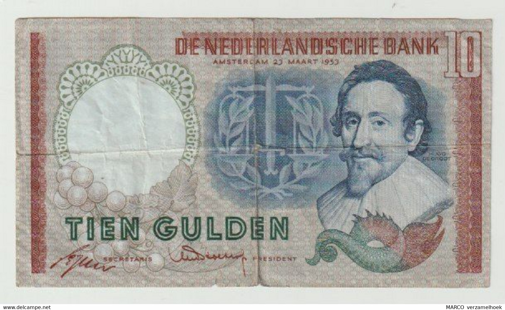 Banknote 10 Gulden 1953 Nederland-the Netherlands Hugo De Groot - 10 Florín Holandés (gulden)