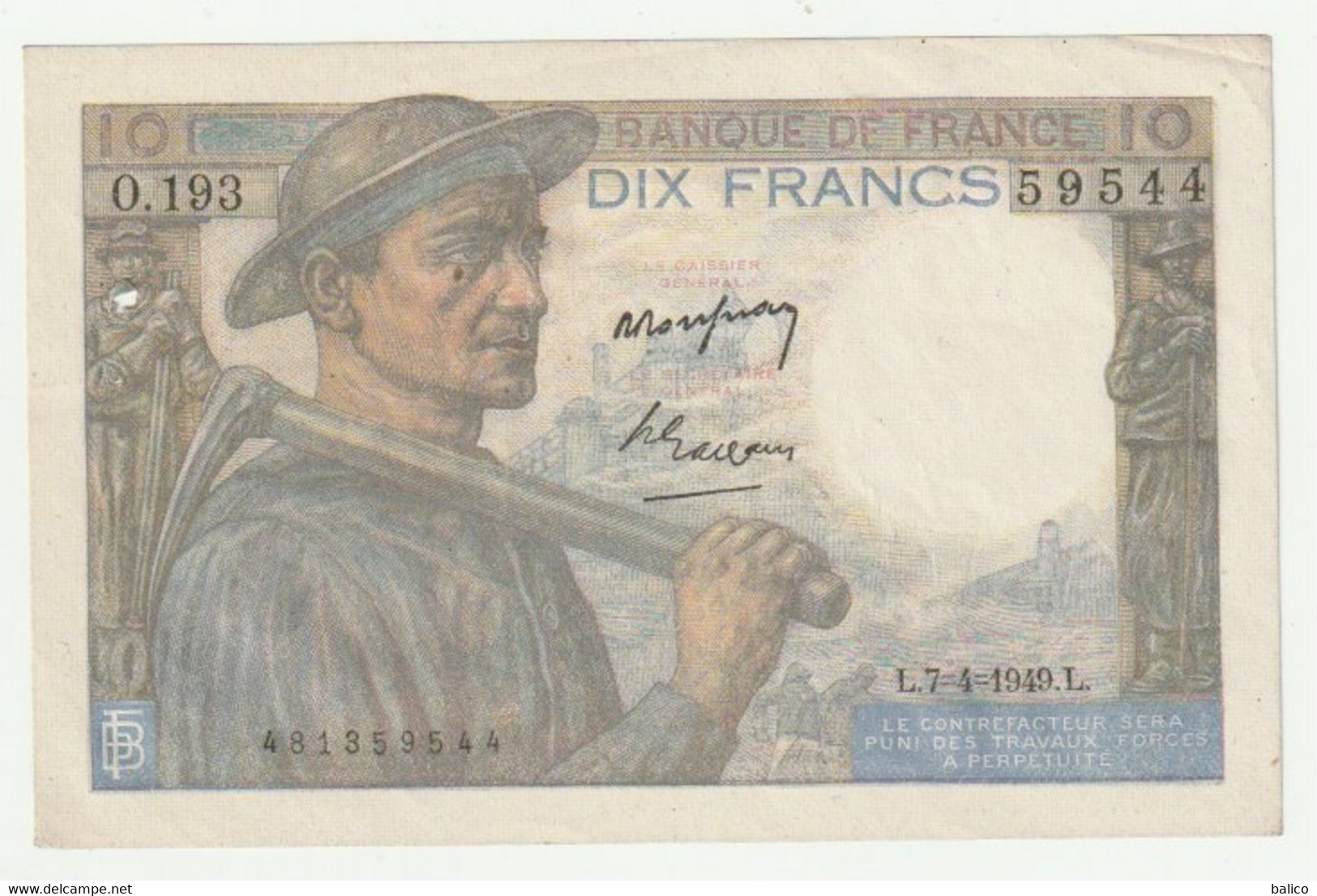France Billet De 10 Francs  -  Mineur  - 7-4-1949 - N° O.193  59544 - 10 F 1941-1949 ''Mineur''