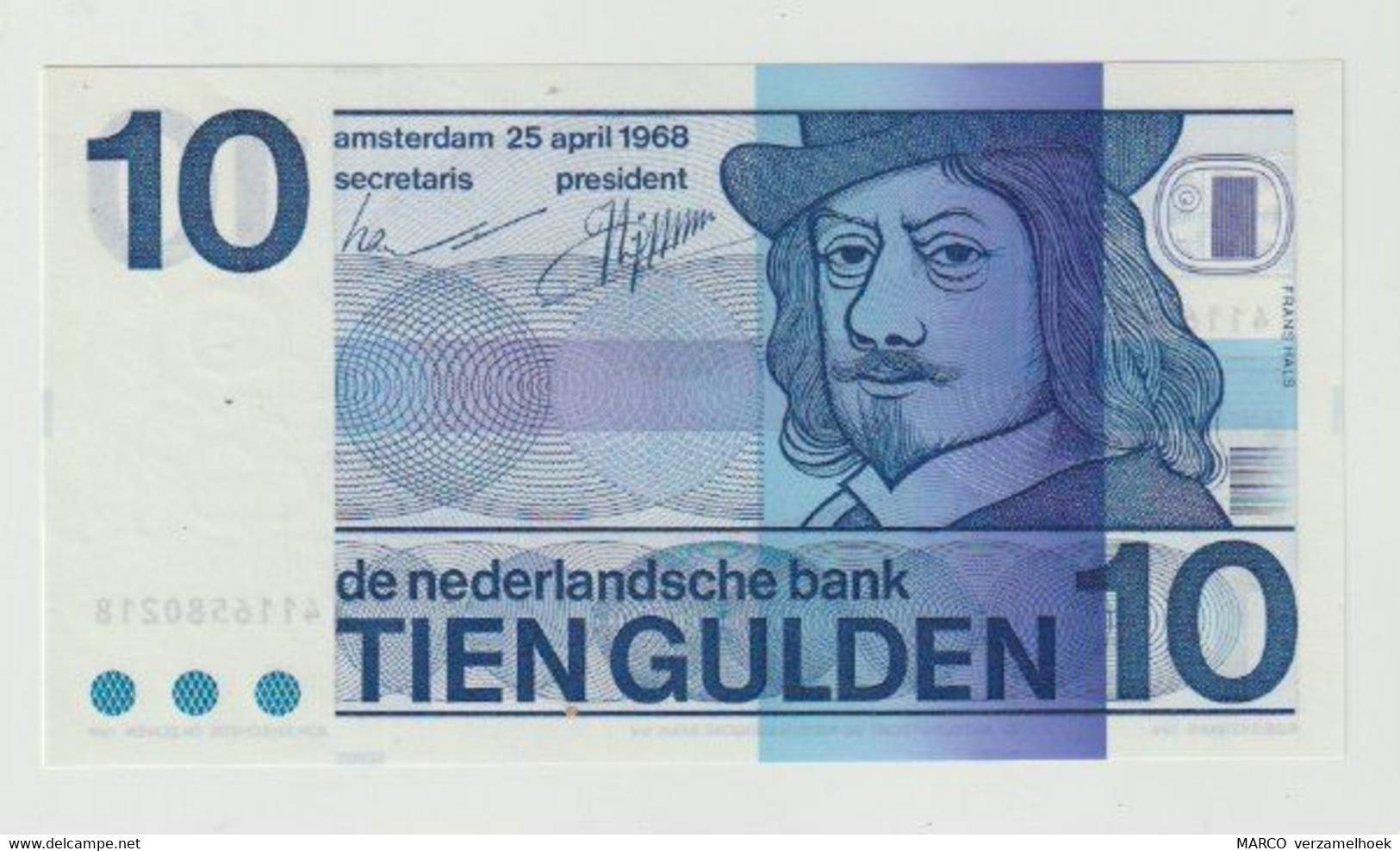 Banknote 10 Gulden 1968 Nederland-the Netherlands Frans Hals UNC - 10 Florín Holandés (gulden)