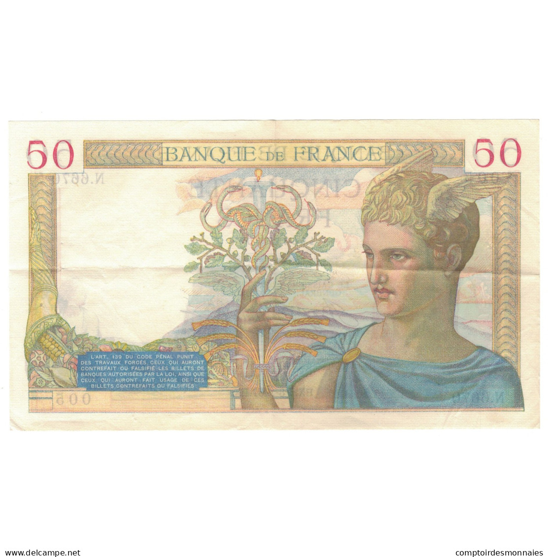 France, 50 Francs, Cérès, 1937, N.6670, SUP, Fayette:18.1, KM:85a - 50 F 1934-1940 ''Cérès''