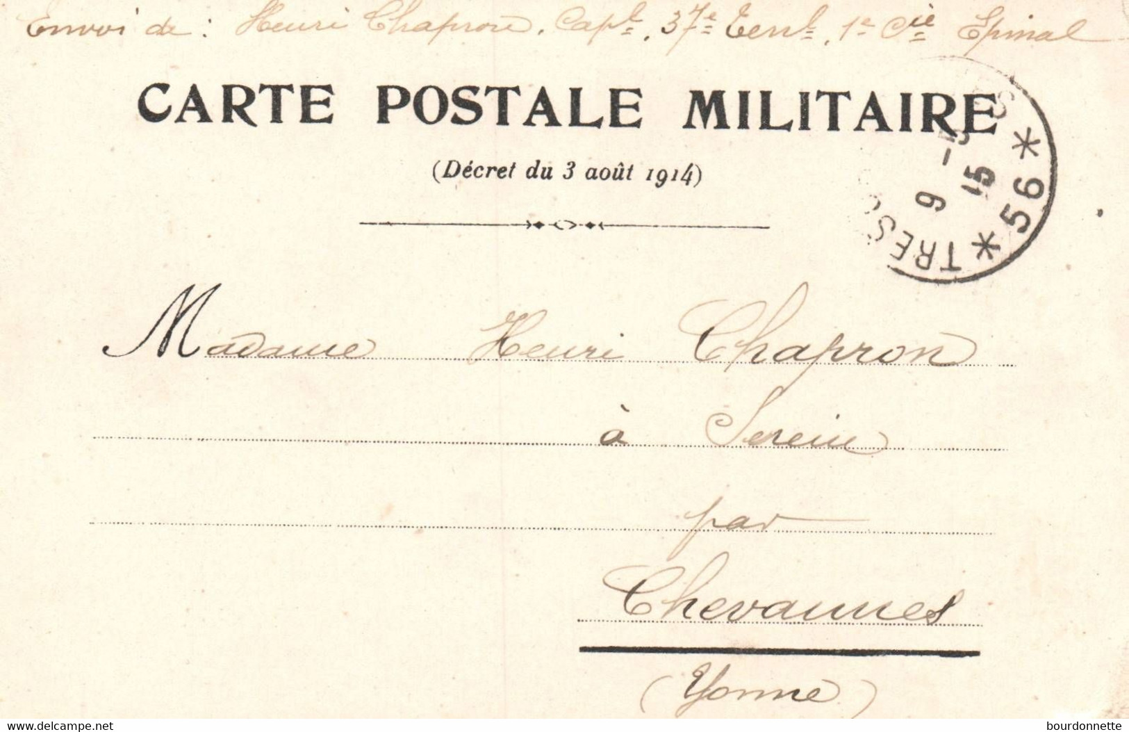 Correspondance Des Armées De La Republique Carte En Franchise Expédiée Par Un Légionnaire A CHEVANNES-YONNE - Chevannes