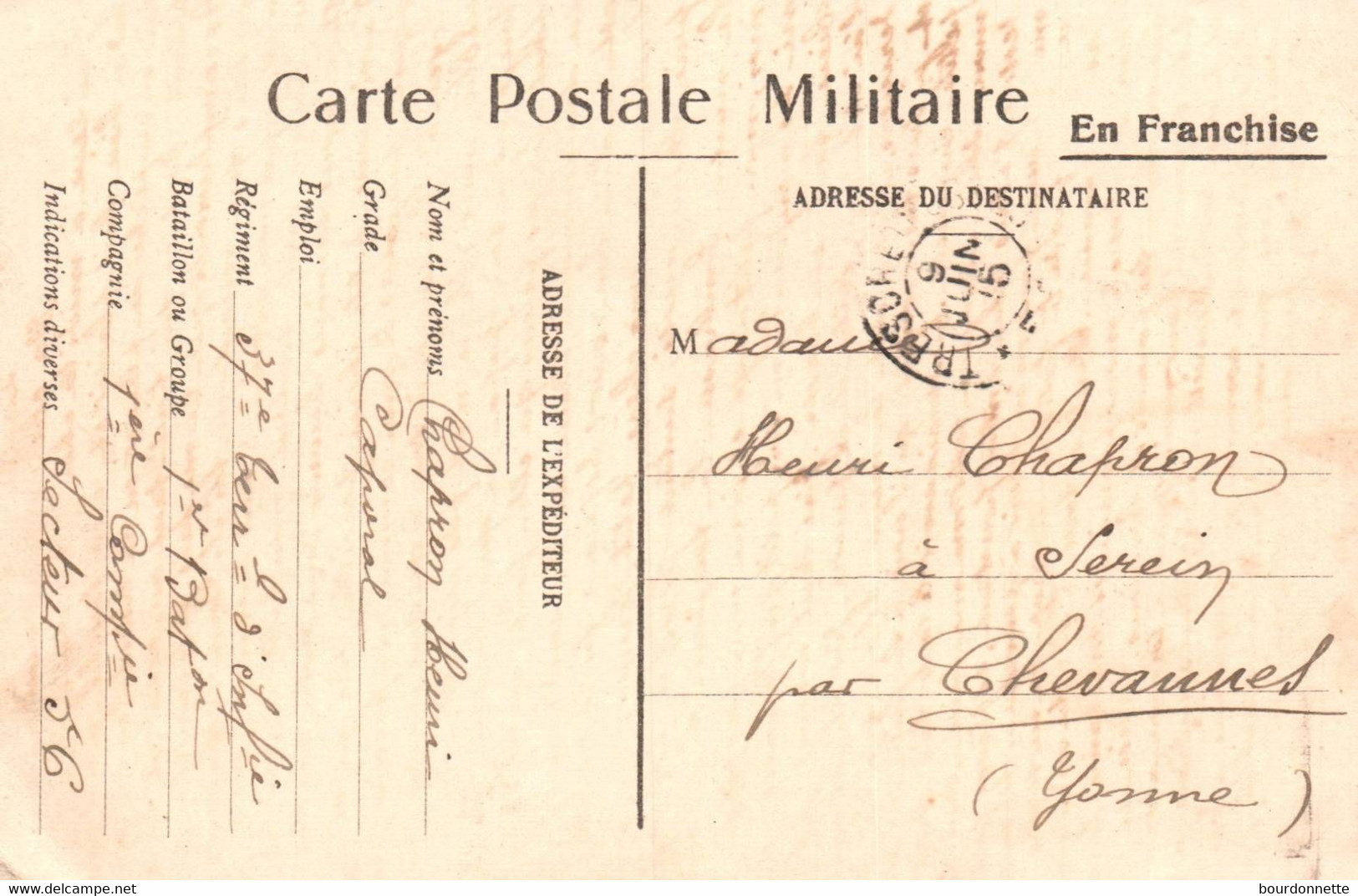 Correspondance Des Armées De La Republique Carte En Franchise Expédiée Par Un Légionnaire A CHEVANNES-YONNE - Chevannes