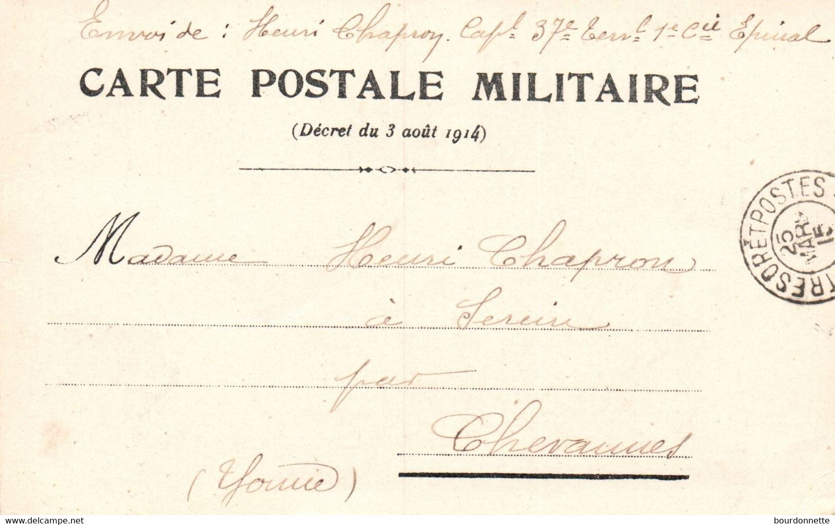 Correspondance Des Armées De La Republique Carte En Franchise Expédiée Par Un Légionnaire A CHEVANNES-YONNE - Chevannes