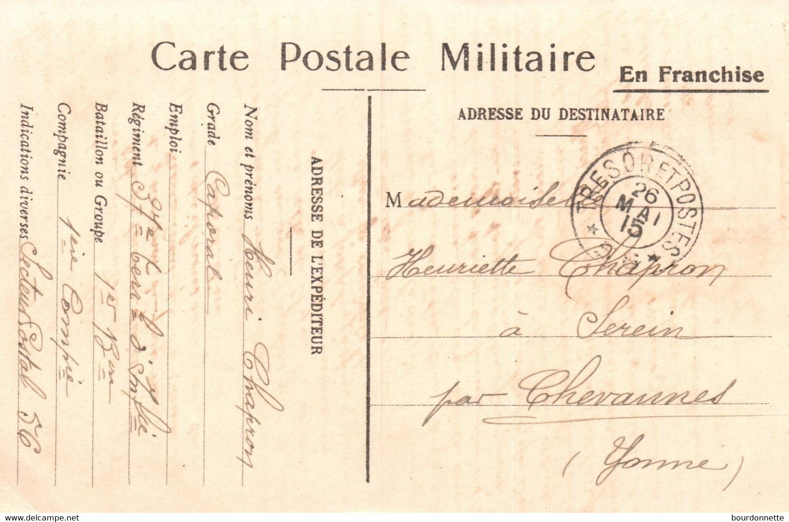 Correspondance Des Armées De La Republique Carte En Franchise Expédiée Par Un Légionnaire A CHEVANNES-YONNE - Chevannes