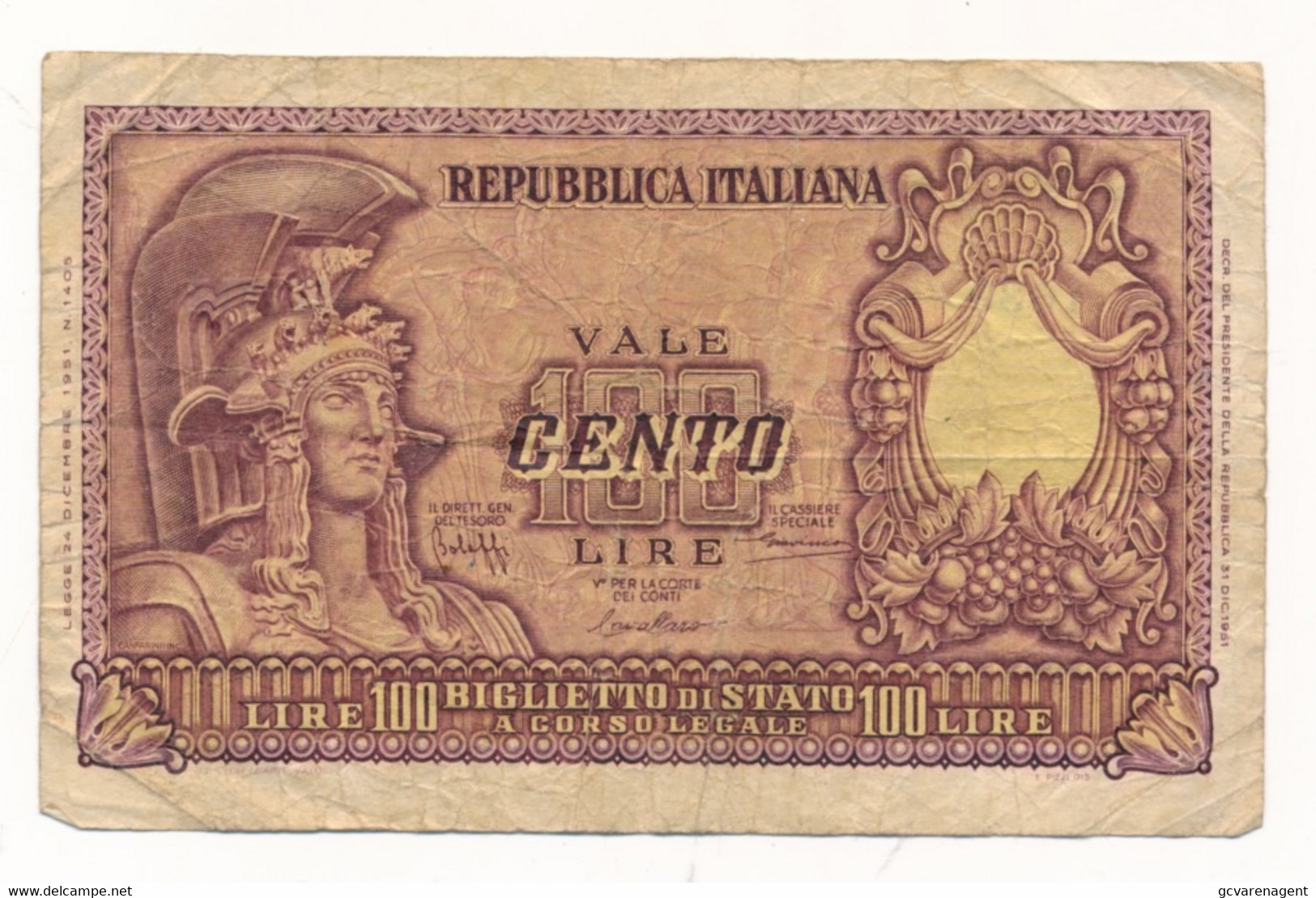 ITALIA - 100 Lire 31. 12. 1951   2 SCANS - 100 Liras