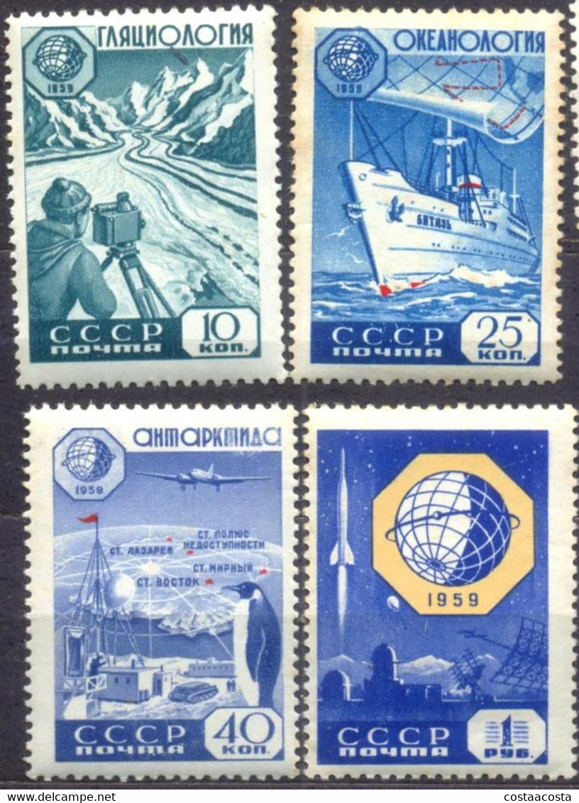 CCCP -URSS - RUSIE -1959 - 2214-17 , SHIP - PENGUIN - BASE - AIRPLANE - ROCKET - OBSERVER - Année Géophysique Internationale