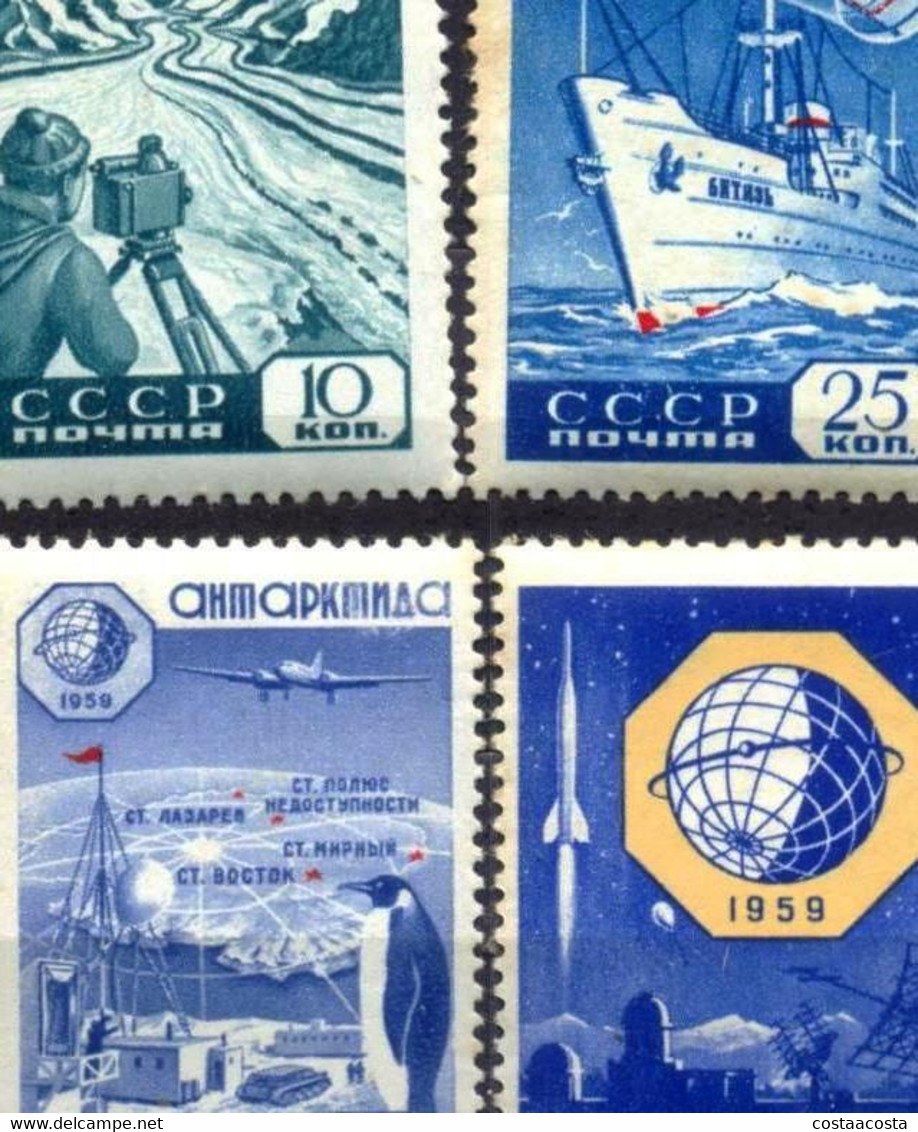 CCCP -URSS - RUSIE -1959 - 2214-17 , SHIP - PENGUIN - BASE - AIRPLANE - ROCKET - OBSERVER - Année Géophysique Internationale