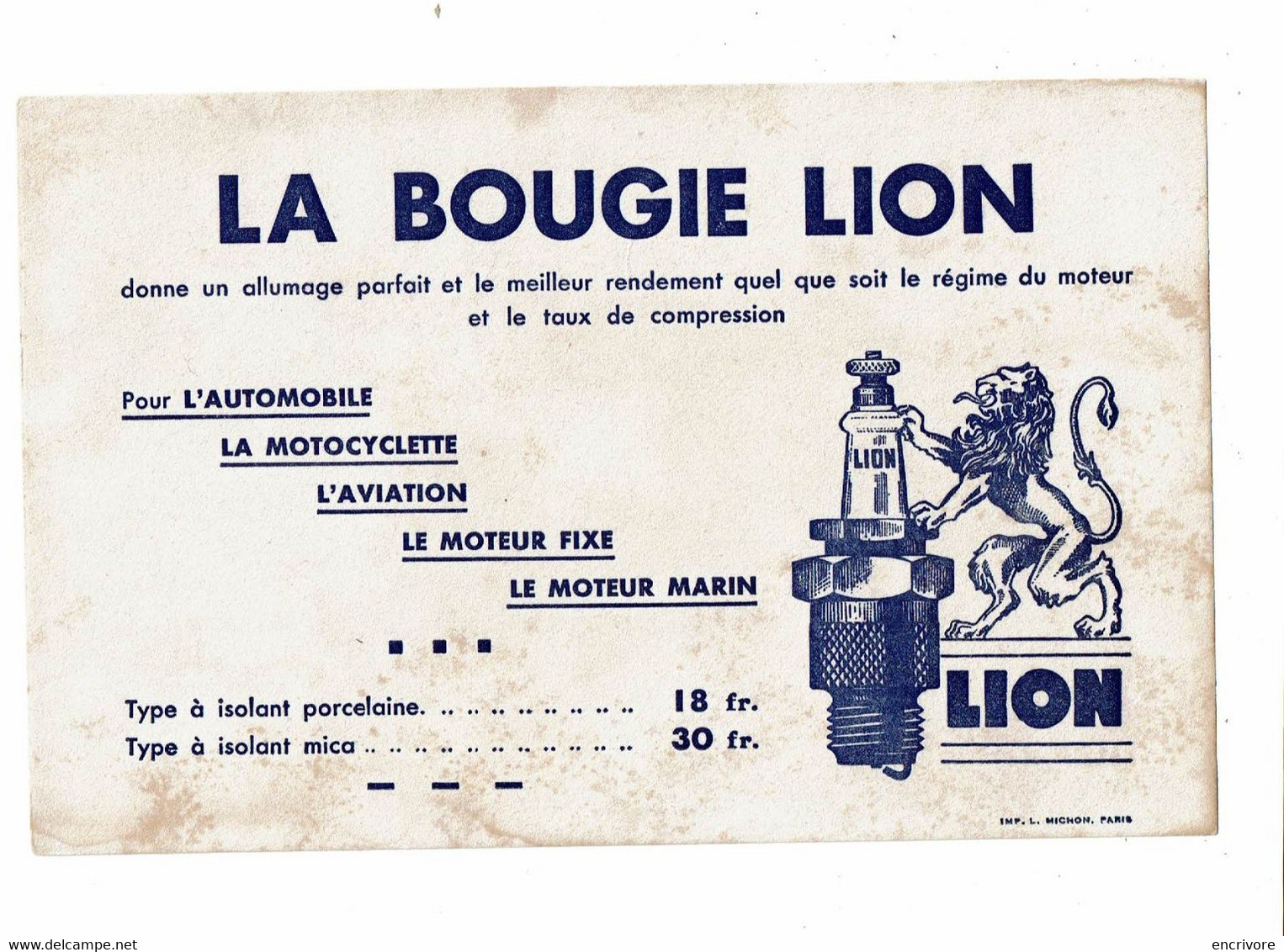 Buvard BOUGIE LION Automobile Motocyclette Aviation Moteur Marin - Automotive