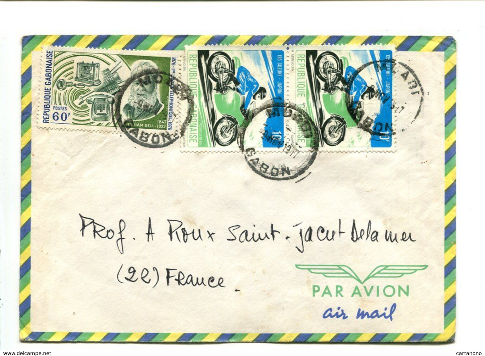 GABON 1977  - Affranchissement Sur Lettre Par Avion - Moto / Téléphone G. Bell - Motorbikes