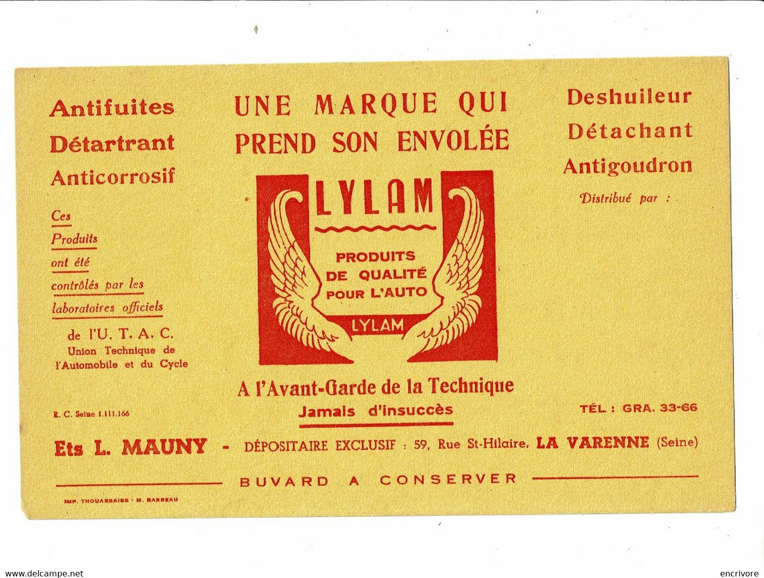 Buvard LYAM Produits Pour L'automobile Etablissements MAUNY Détachant Déshuileur Laboratoire U.T.A.C. - Macchina