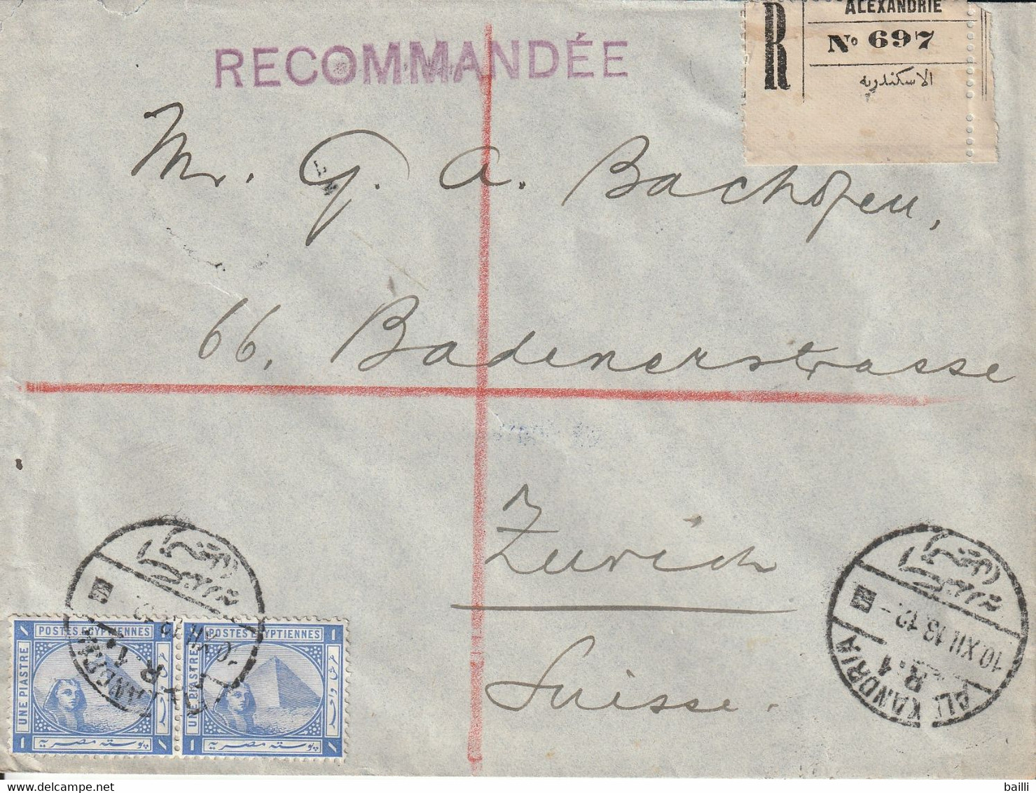 Egypte Lettre Recommandée Alexandrie Pour La Suisse 1913 - 1866-1914 Khedivato De Egipto