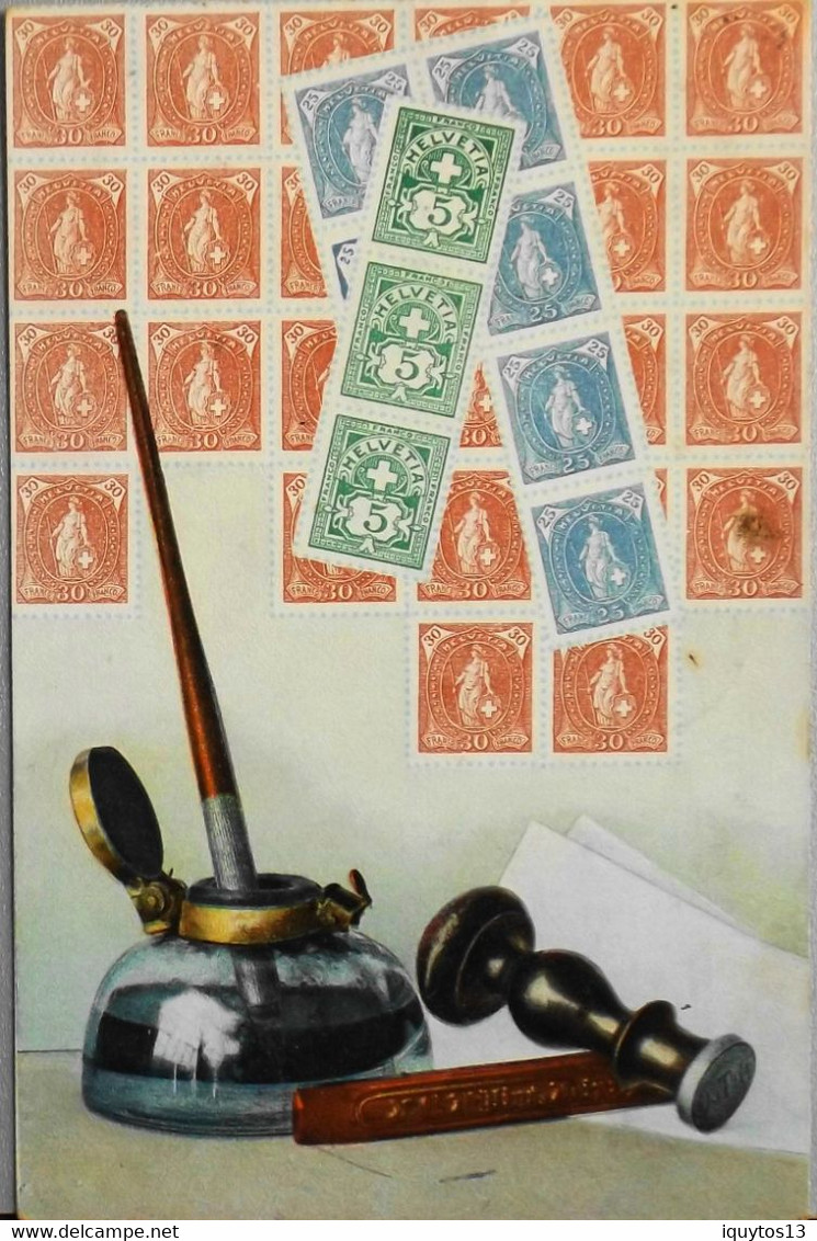 C.P.A. Encrier Et Tampon Ancien - Représentation De Timbres Poste Anciens De Suisse - 1906 - BE - Timbres (représentations)