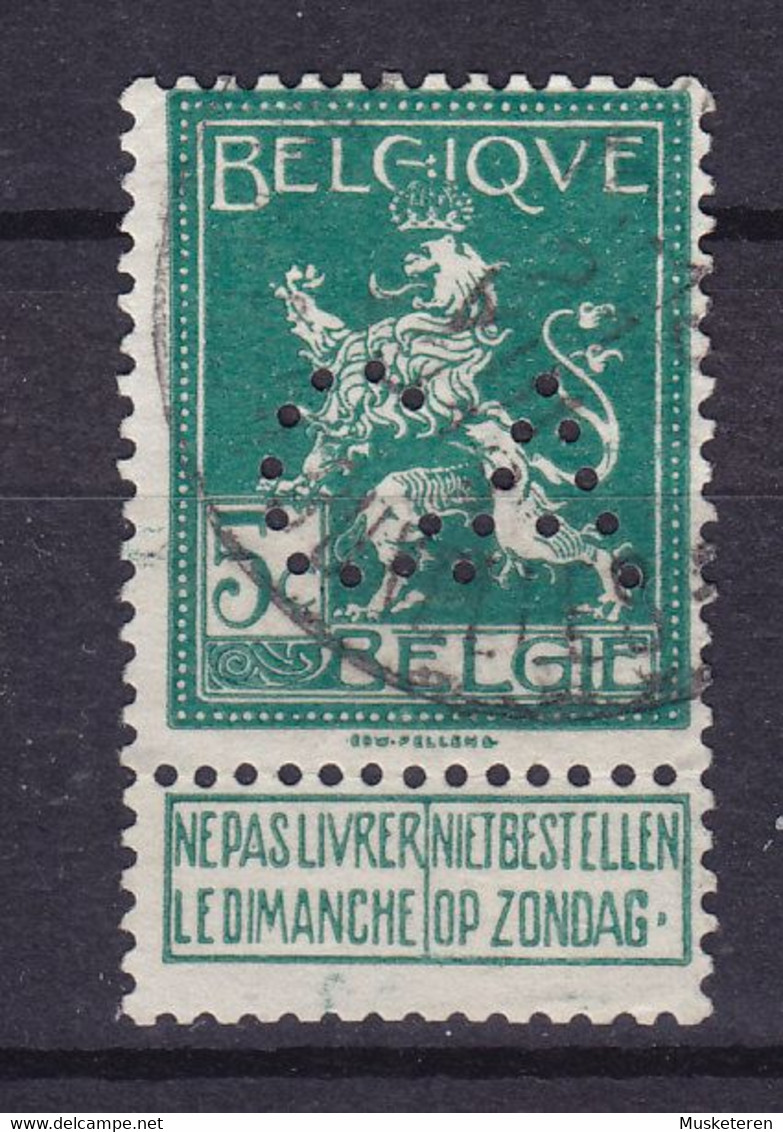 Belgium Perfin Perforé Lochung 'CA' 1912 Mi. 91, 5c. Lion Arms Löwe Wappen (2 Scans) - 1909-34