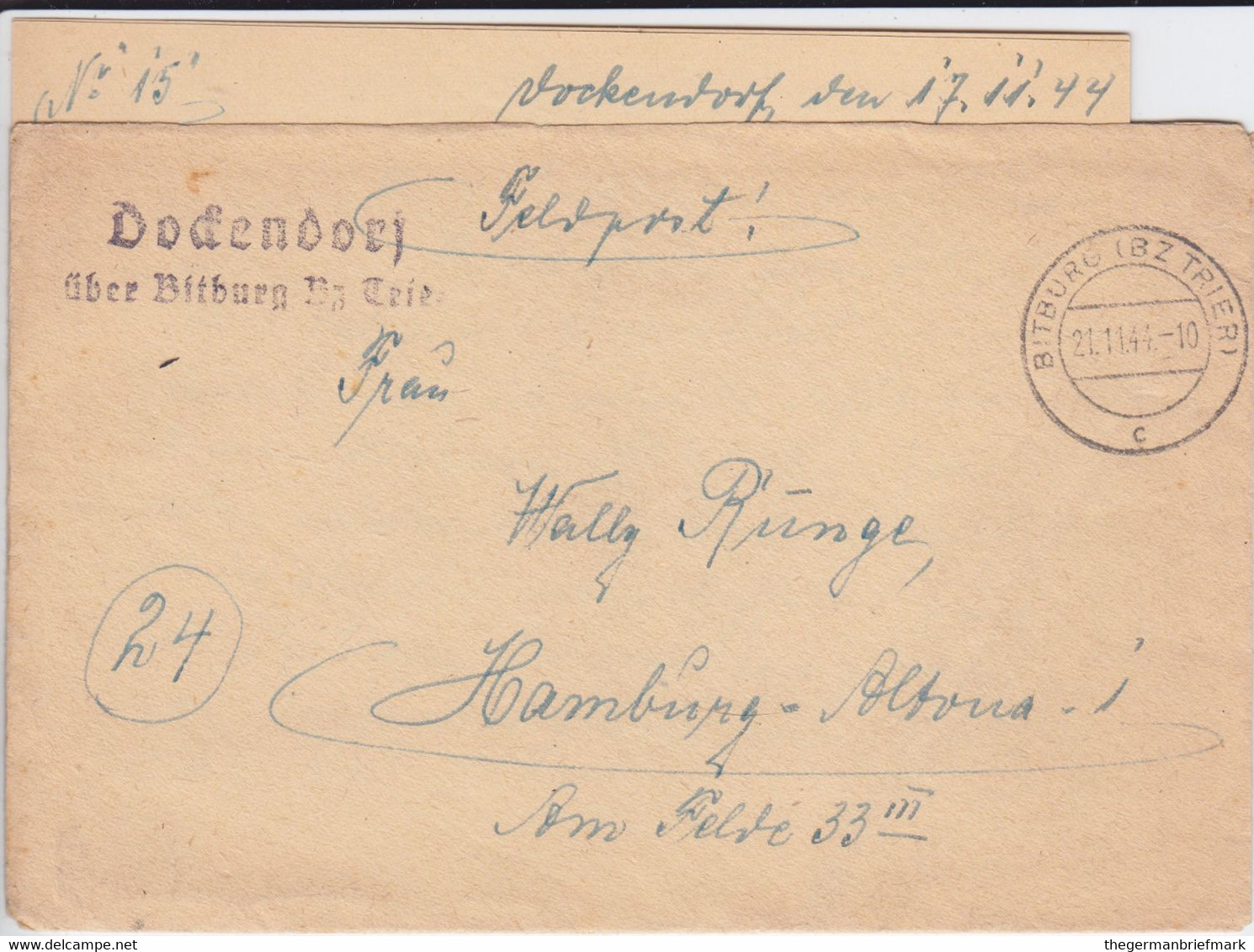 Feldpost 2 Weltkrieg Landpost Stempel Dockendorf ü Bitburg Bz Trier Bf 1944 - Lettres & Documents