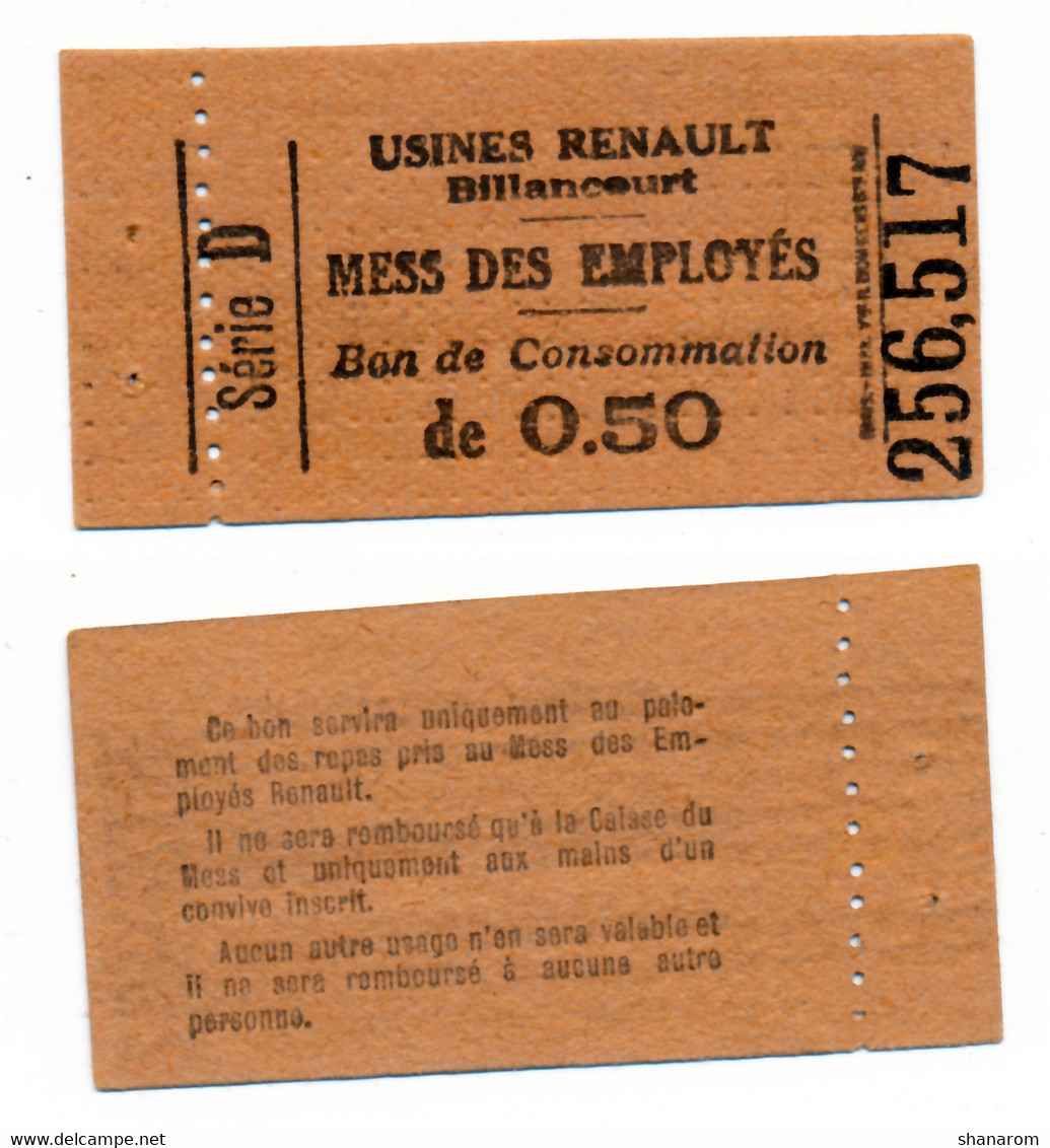 1914-1918 // BOULOGNE-BILLANCOURT (92) // USINES RENAULT // MESS DES EMPLOYES // Bon De Cinquante Centimes - Bonos