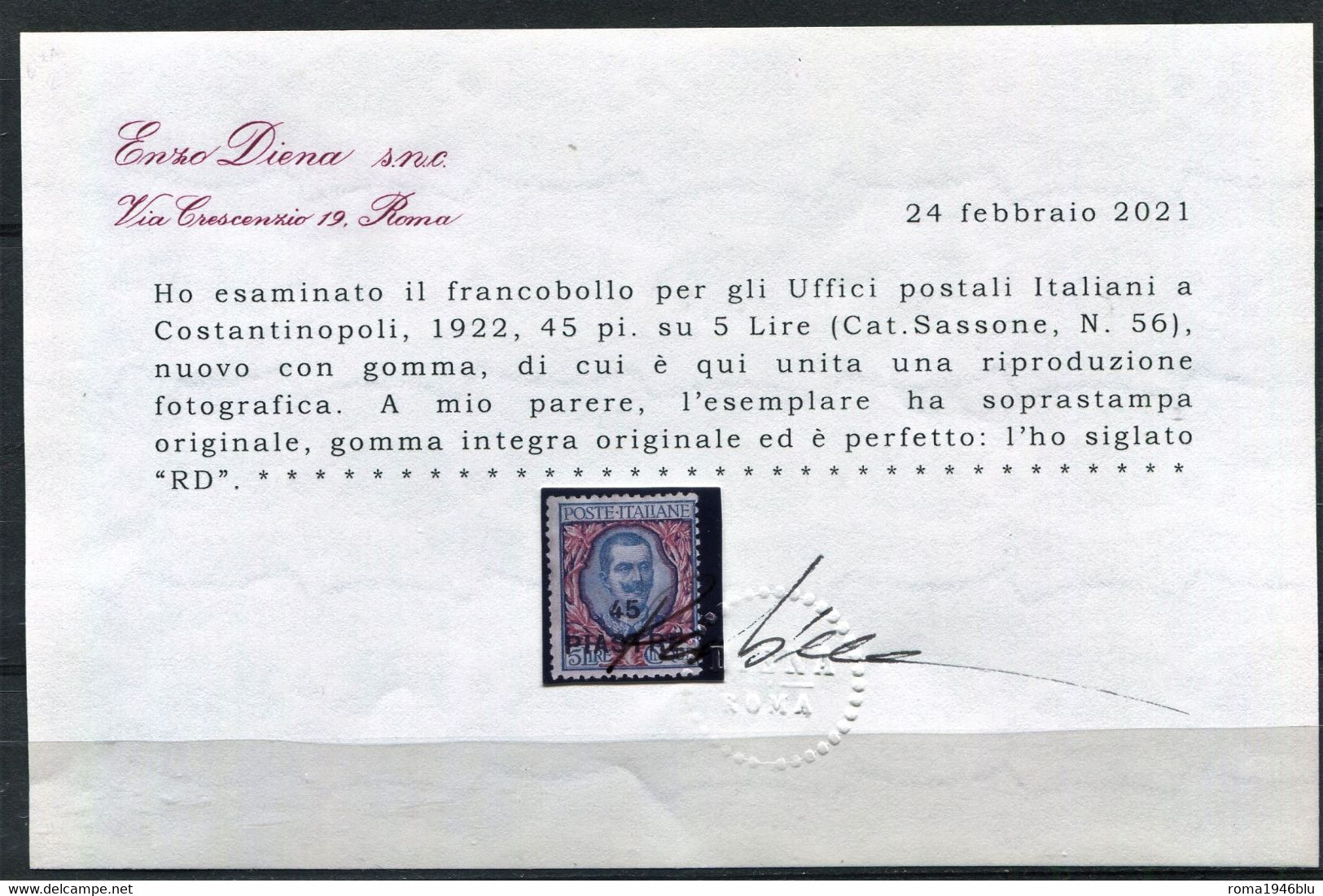 LEVANTE COSTANTINOPOLI 1922 45 PI SU 5 LIRE SASSONE N. 56 ** MNH C. DIENA - Oficinas Europeas Y Asiáticas