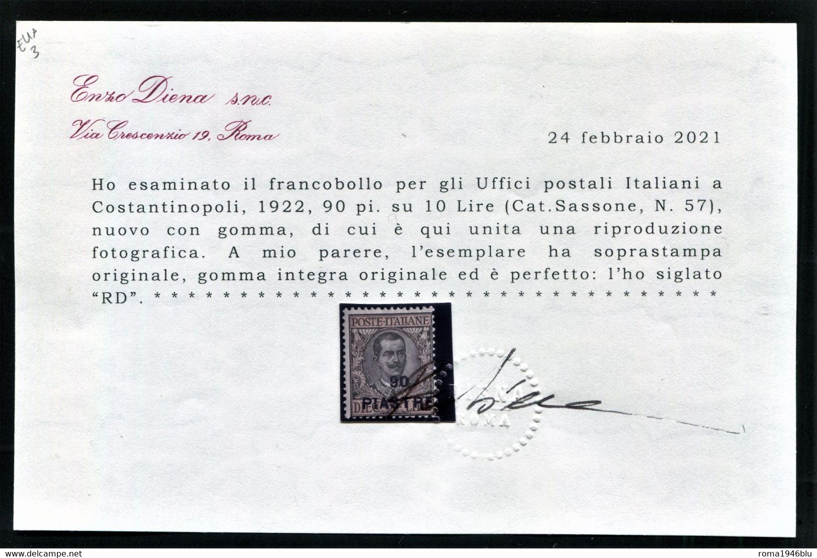 LEVANTE COSTANTINOPOLI 1922 90 PI SU 10 LIRE SASSONE N. 57 ** MNH C. DIENA - Oficinas Europeas Y Asiáticas