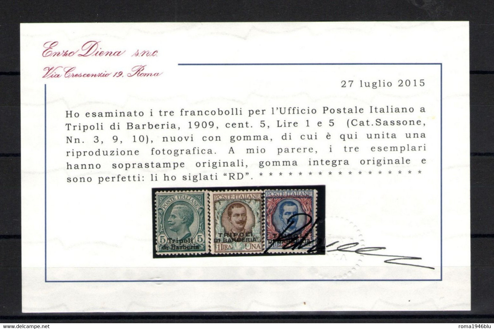 TRIPOLI DI BARBERIA 1909 SERIE CPL. SOP.TA 10 V. ** MNH CERT. DIENA - European And Asian Offices