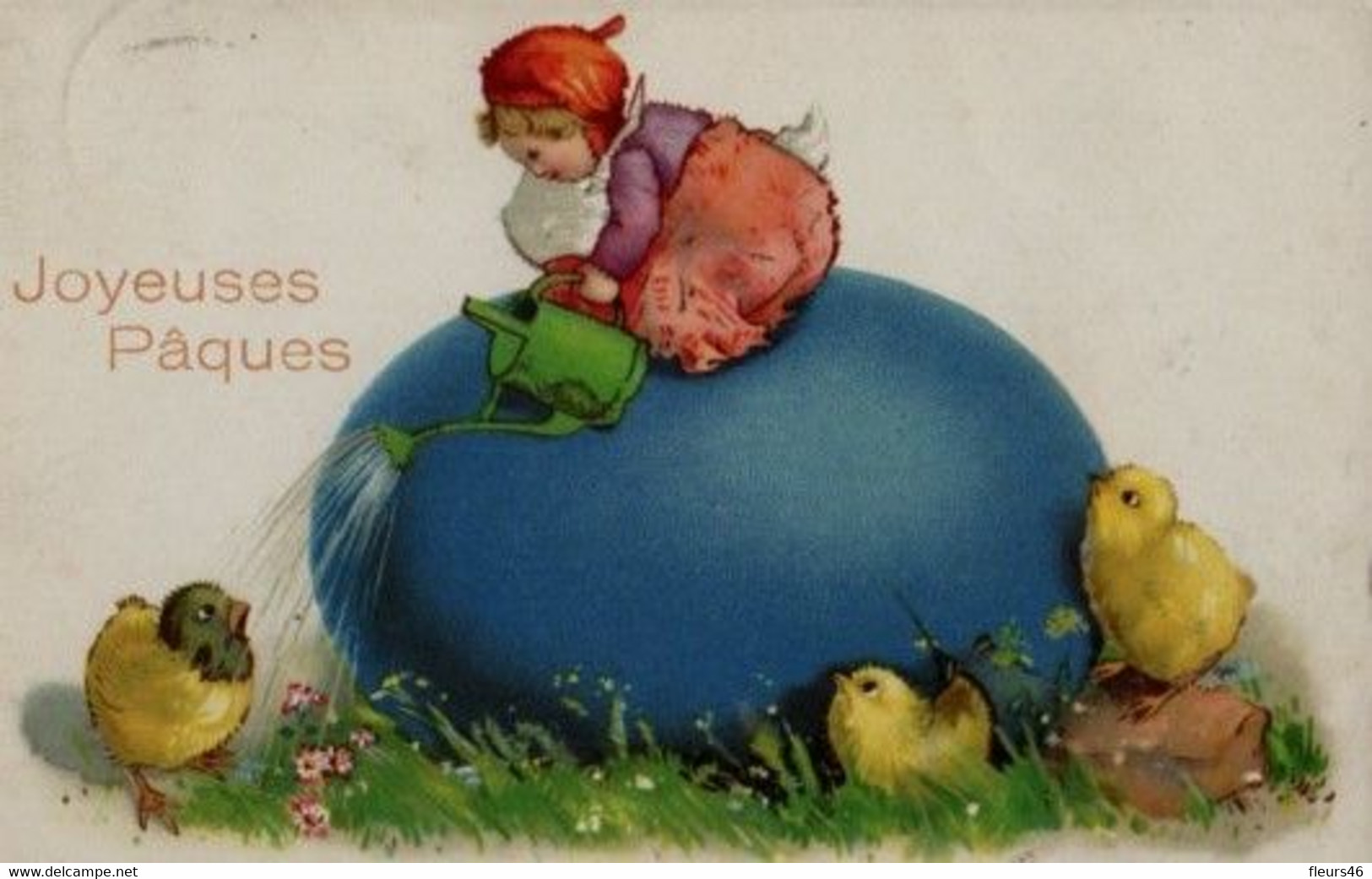 Belle Illustrée De Pâques . Enfant, Arrosoir, Gros Oeuf Et Poussins - Ostern
