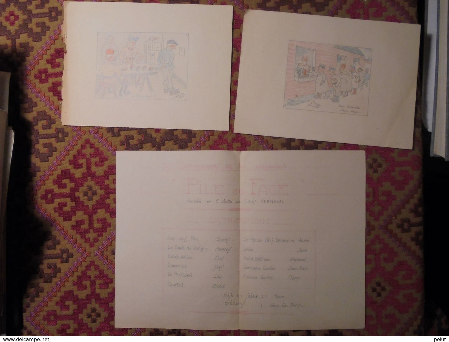 Camp De Prisonniers Français En 1941: 2 Dessins Originaux + Un Programme De Théatre - Drapeaux