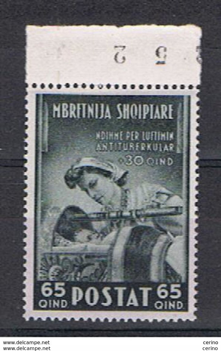 ALBANIA - OCCUPAZ. ITALIANA:  1943  PRO  OPERA  ANTITUBERCOLARE  -  65 Q.+30 Q.  GRIGIO  OLIVA  N. -  SASS. 44 - Albania