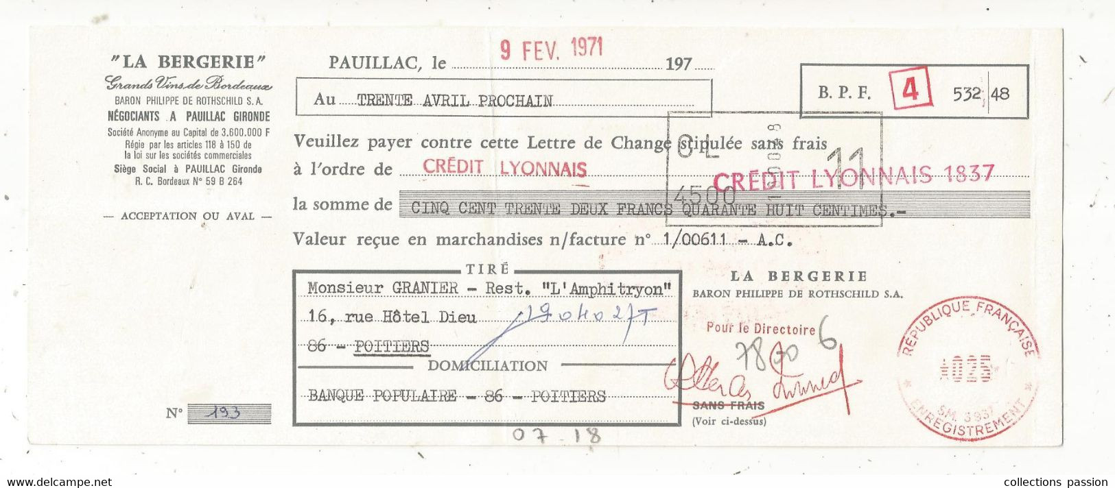 Lettre De Change,LA BERGERIE , Grands Vins De Bordeaux , Pauillac,1971,timbrée , Frais Fr 1.65 E - Lettres De Change