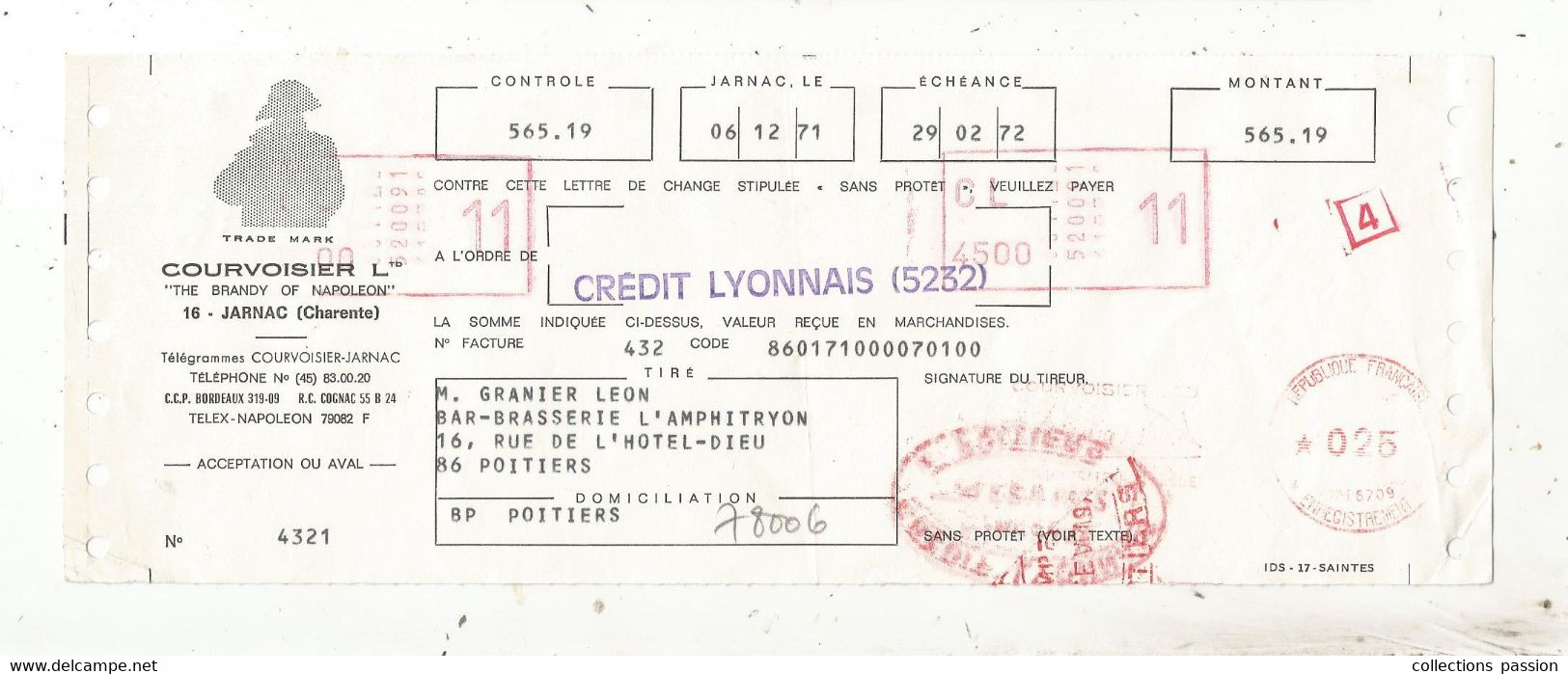 Lettre De Change, COURVOISIER , The Brandy Of Napoleon, JARNAC ,Charente, 1971, Timbrée , Frais Fr 1.65 E - Lettres De Change