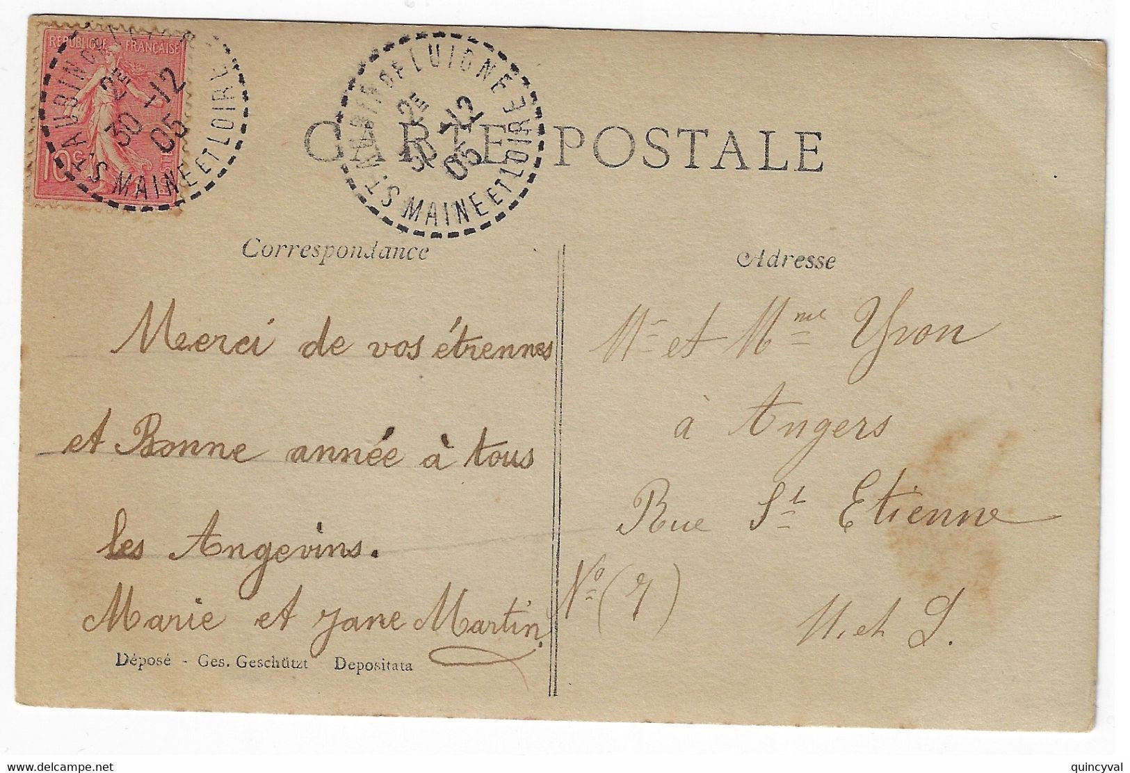 St AUBIN De LUIGNE Maine Et Loire Carte Postale 10c Semeuse Lignée Yv 129 FB 04 Cercle Pointillé 30 12 1905 - 1877-1920: Semi-Moderne