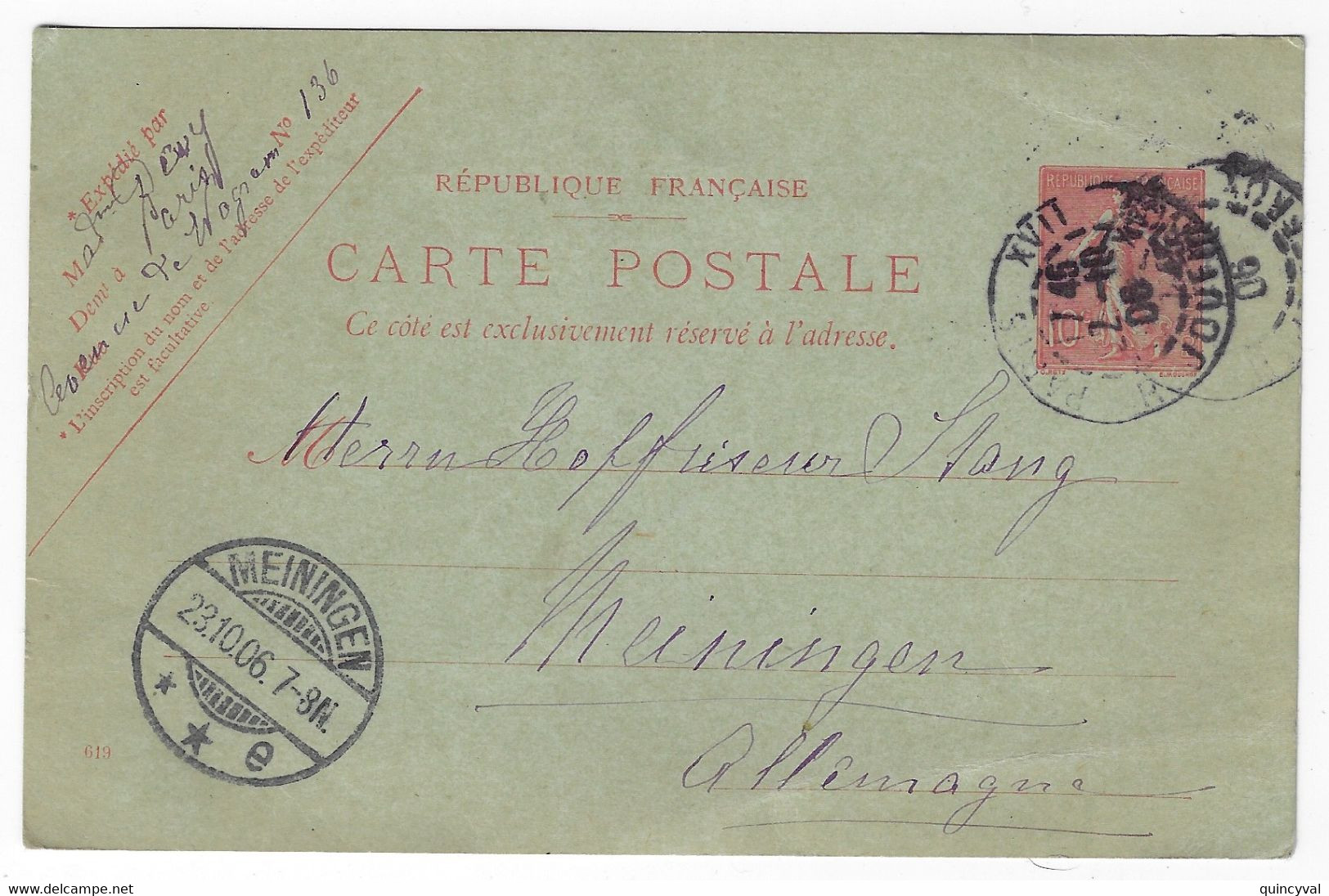 PARIS XVII Carte Postale Entier 10c Semeuse Mill 619 Dest Meinigen Allemagne Ob 22 10 1906 Yv 129-CP1 Storch A1 - Cartes Postales Types Et TSC (avant 1995)