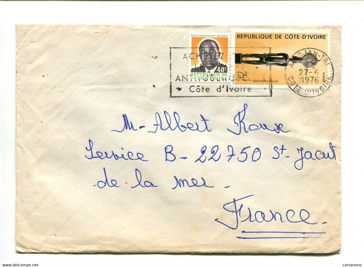 COTE D'IVOIRE Abidjan Tri 1976 - Affranchissement Sur Lettre Avec Flamme Postale - - Côte D'Ivoire (1960-...)