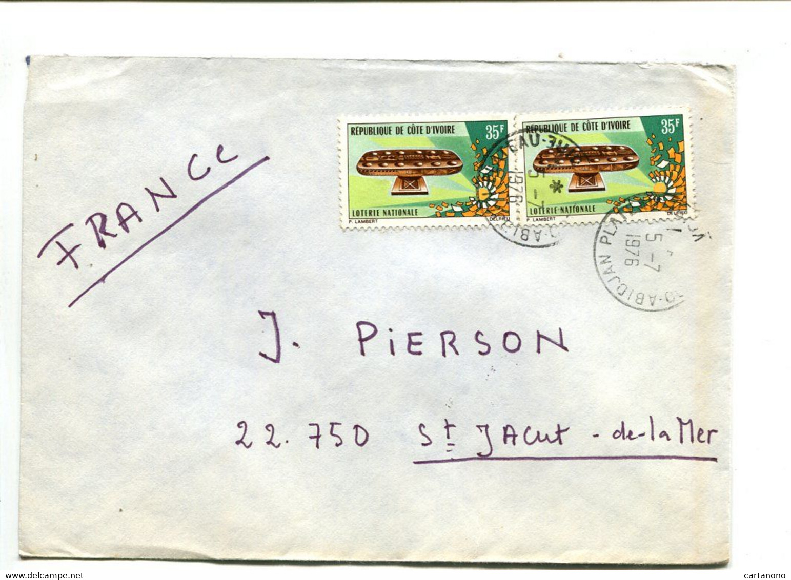 COTE D'IVOIRE Abidjan Plateau 1976 - Affranchissement Sur Lettre.- Loterie Nationale - Ivory Coast (1960-...)