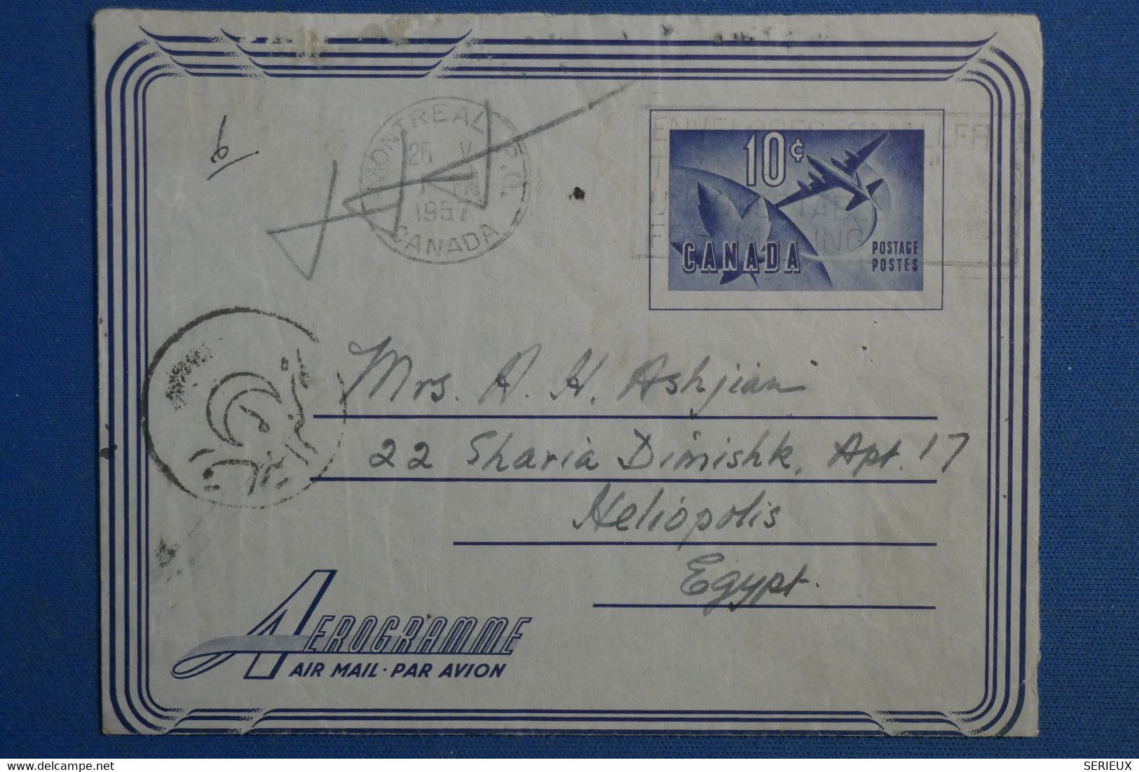 A0 11 CANADA   BELLE LETTRE AEROGRAMME 1957 +  PAR AVION  POUR MELIOPOLIS EGYPTE +AFFRANCH. PLAISANT - Airmail