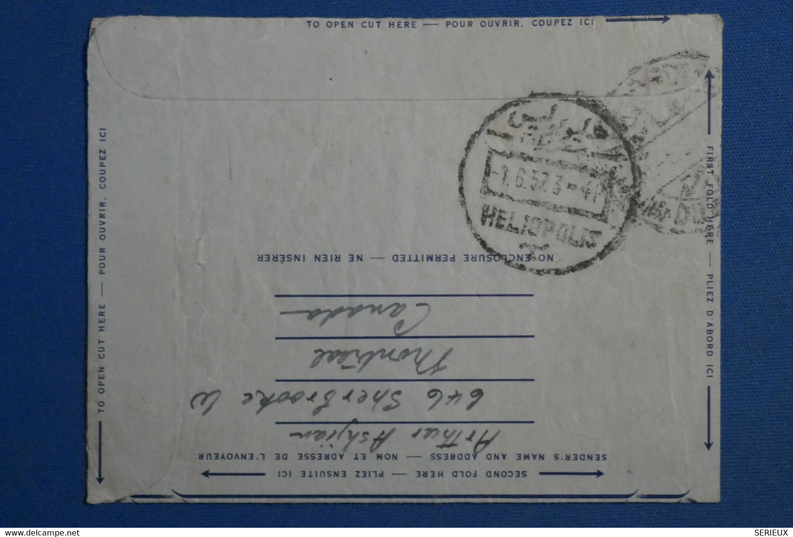 A0 11 CANADA   BELLE LETTRE AEROGRAMME 1957 +  PAR AVION  POUR MELIOPOLIS EGYPTE +AFFRANCH. PLAISANT - Luchtpost