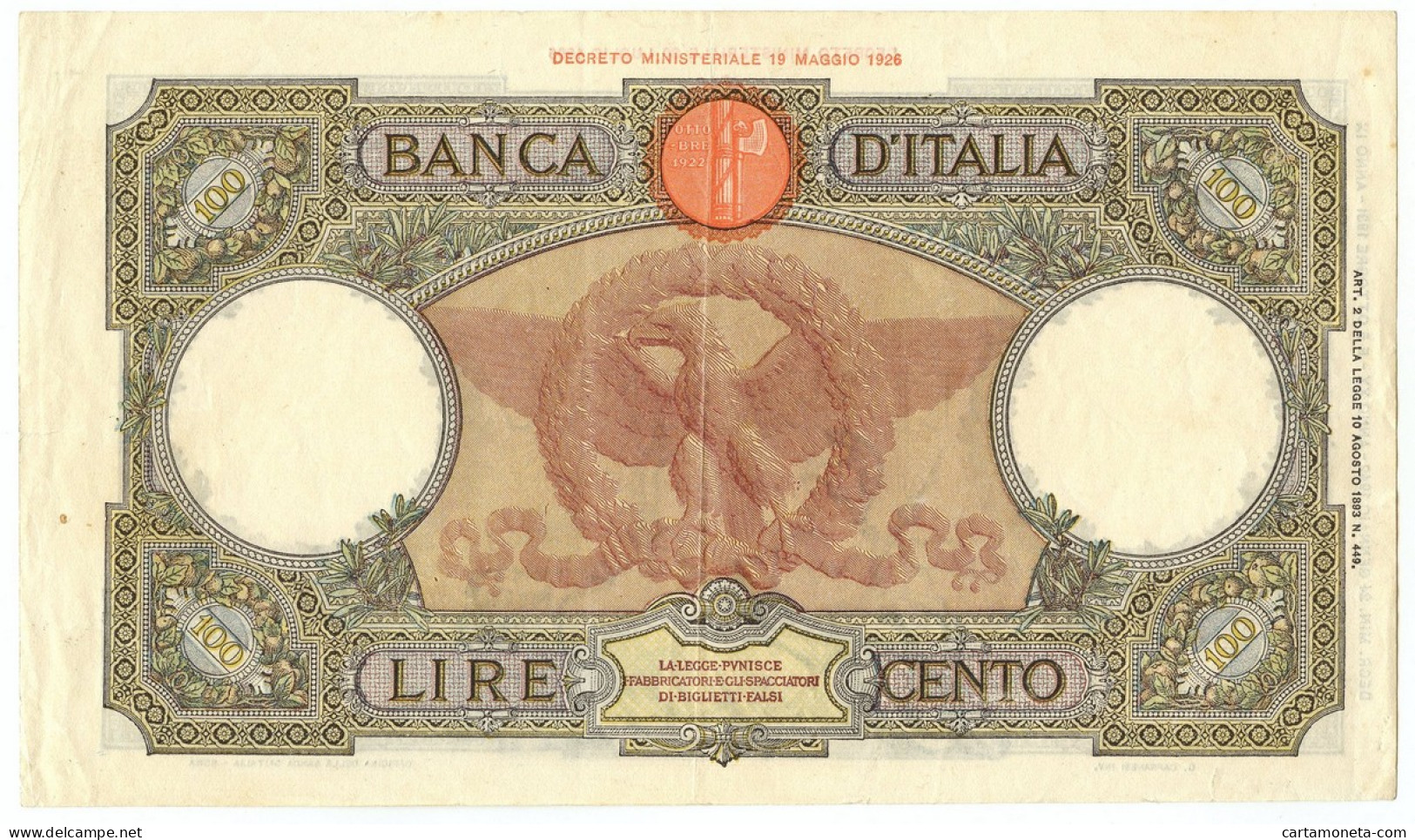 100 LIRE CAPRANESI AQUILA ROMANA FASCIO ROMA (L'AQUILA) 24/01/1942 BB/BB+ - Andere