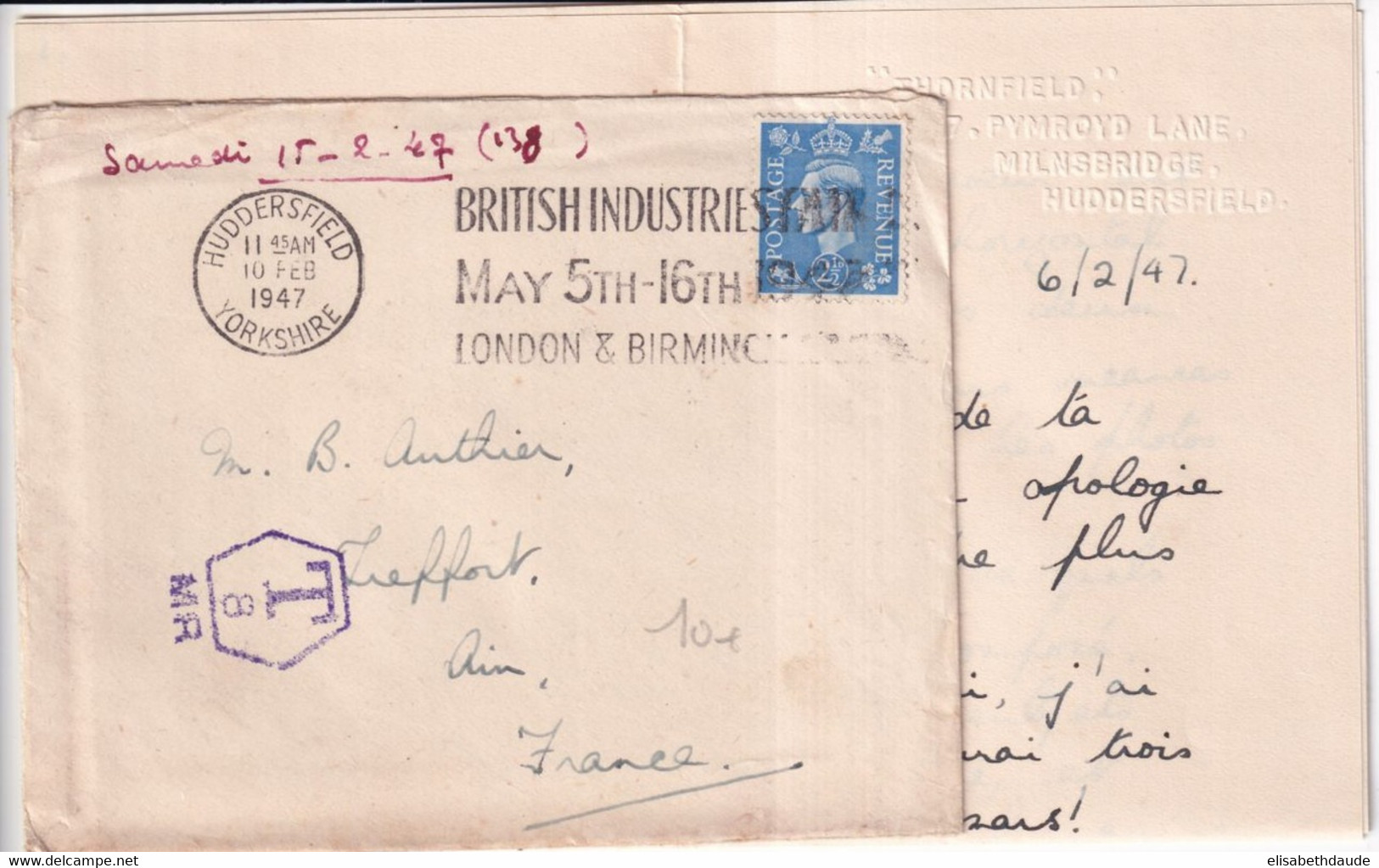 1947 - GB - TAXE "SURCHARGED OWING TO INSUFFICIENT POSTAGE PREPAID 2.5 INSTEAD OF 3D.." AU DOS De LETTRE De HUDDERSFIELD - Lettres & Documents