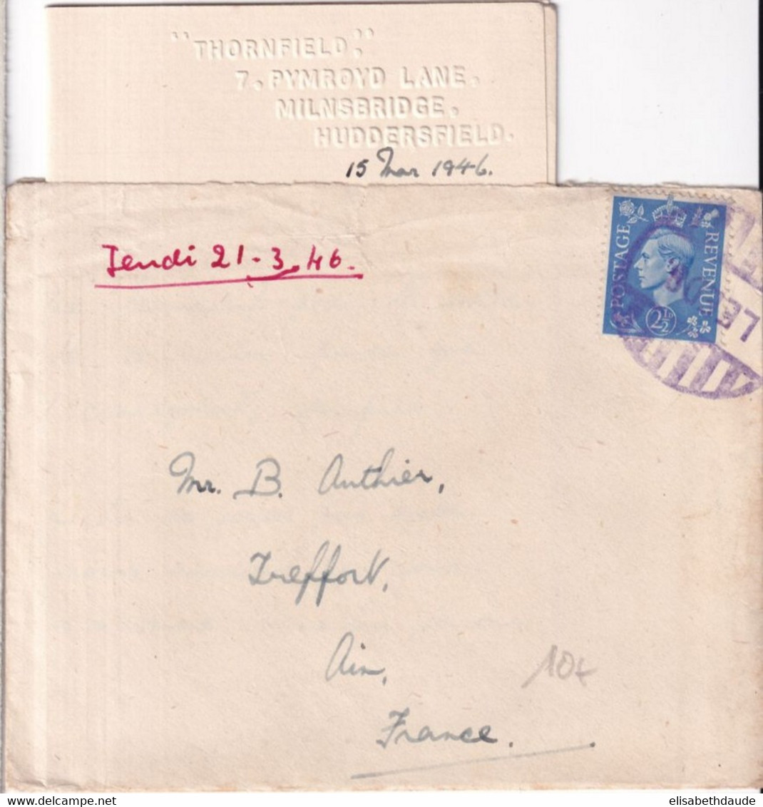 1946 - GB - LETTRE De HUDDERSFIELD Avec CACHET RARE De FORTUNE De LEEDS ! => TREFFORT (FRANCE) - Cartas & Documentos