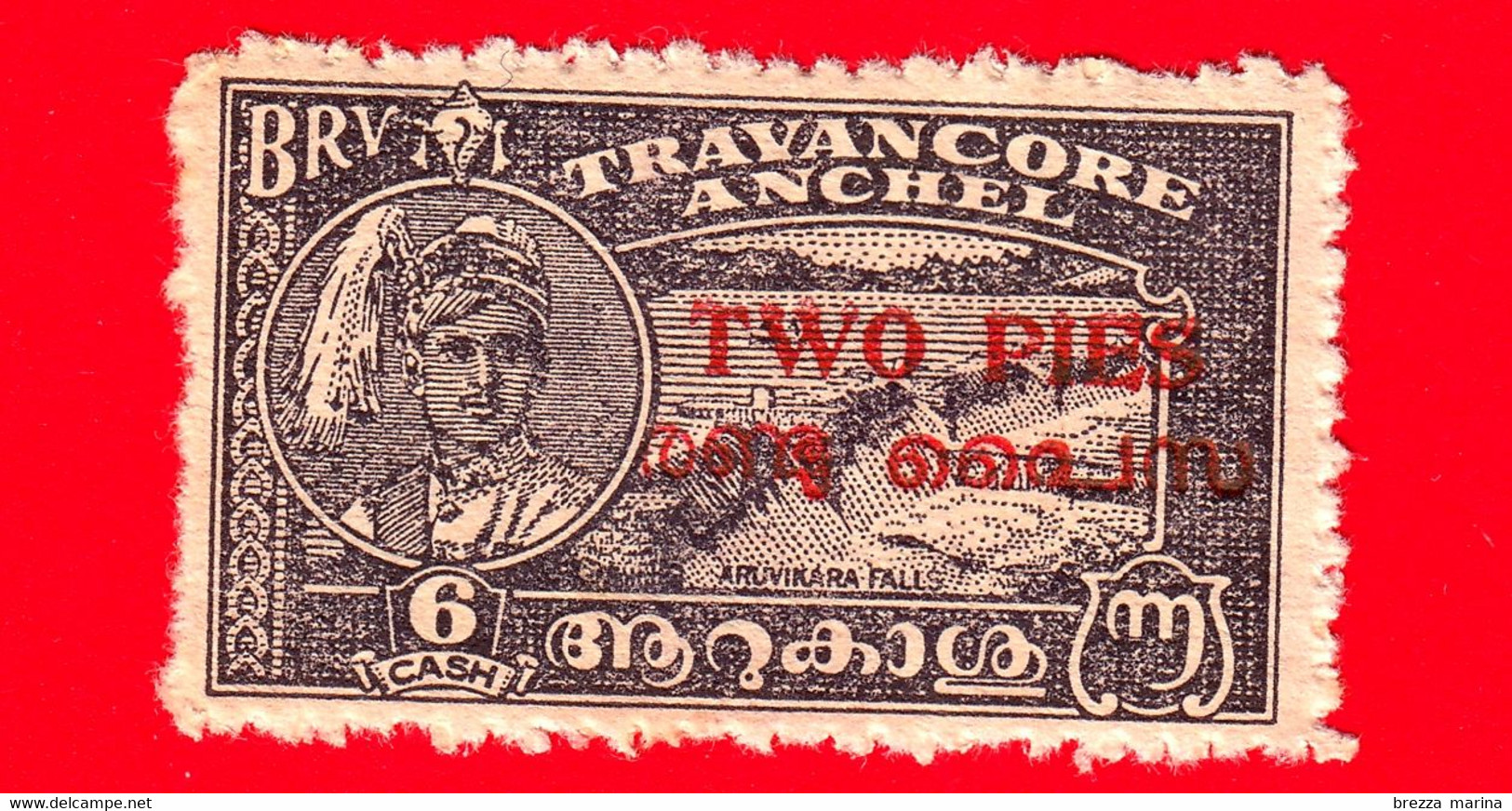 INDIA - TRAVANCORE ANCHEL - Usato - 1949 - Cascate Aruvikara - Sovrastampato  'TWO PIES'  Su 6 - Travancore-Cochin