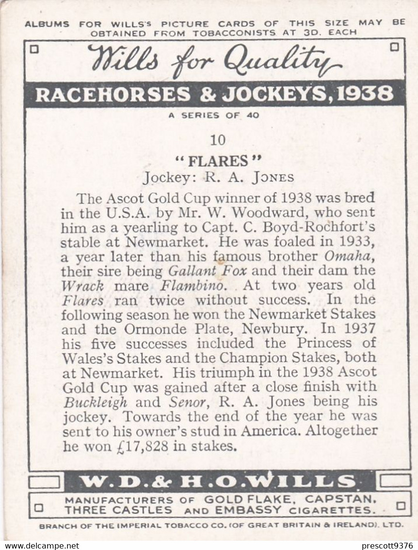 10 Flares, R Jones - Racehorses & Jockeys 1938 - Original Wills Cigarette Card - L Size 6x8cm - Wills