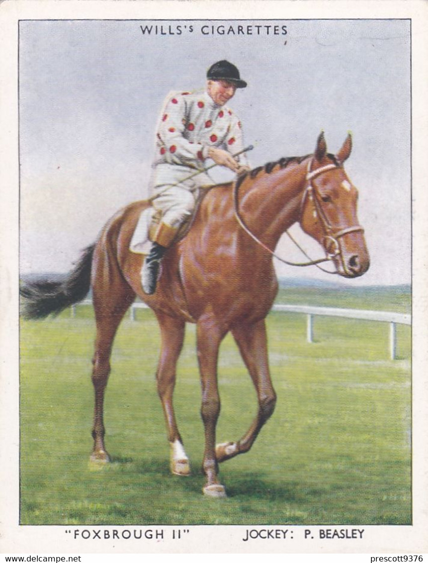 12 Foxbrough II, P Beasley  - Racehorses & Jockeys 1938 - Original Wills Cigarette Card - L Size 6x8cm - Wills