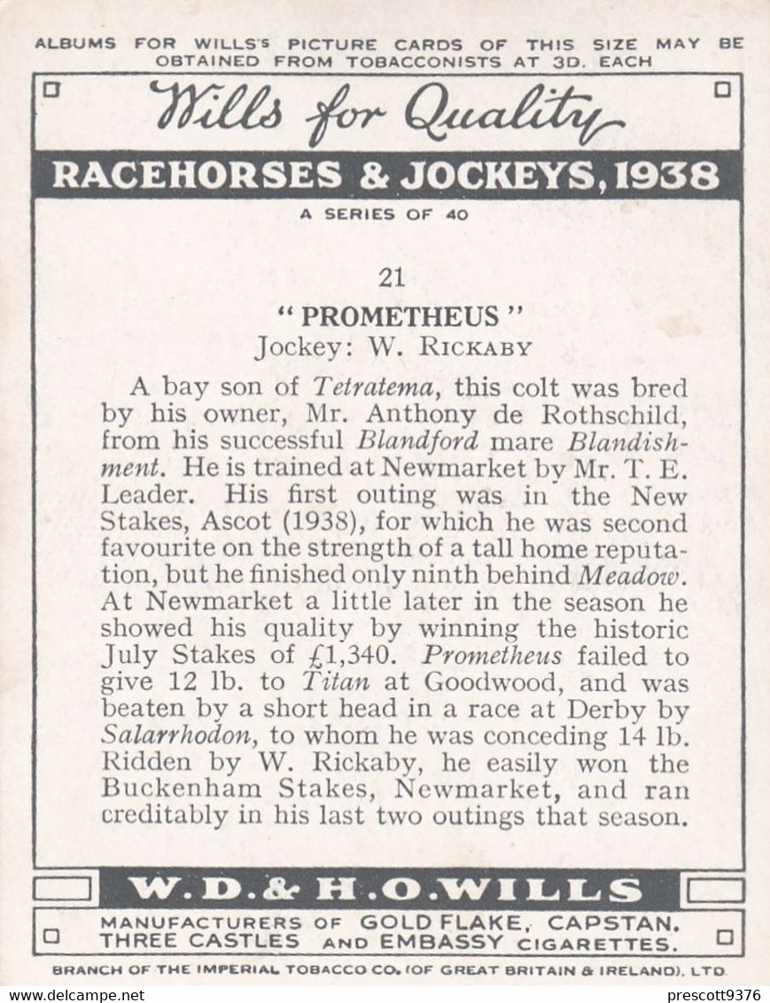 21 Prometheus, W Rickaby  - Racehorses & Jockeys 1938 - Original Wills Cigarette Card - L Size 6x8cm - Wills