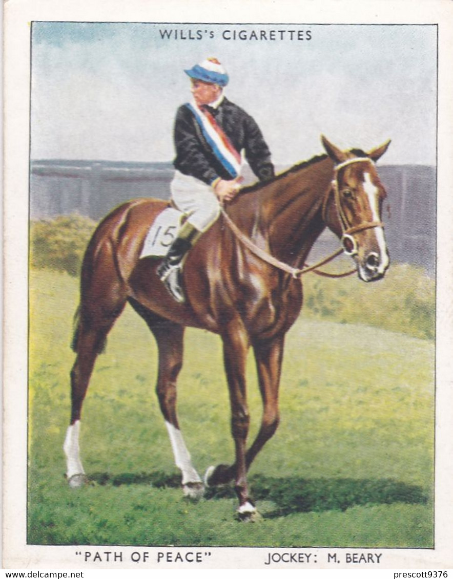 20 Path Of Peace, M Beary  - Racehorses & Jockeys 1938 - Original Wills Cigarette Card - L Size 6x8cm - Wills