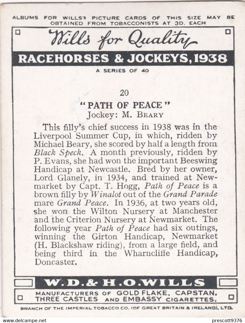 20 Path Of Peace, M Beary  - Racehorses & Jockeys 1938 - Original Wills Cigarette Card - L Size 6x8cm - Wills