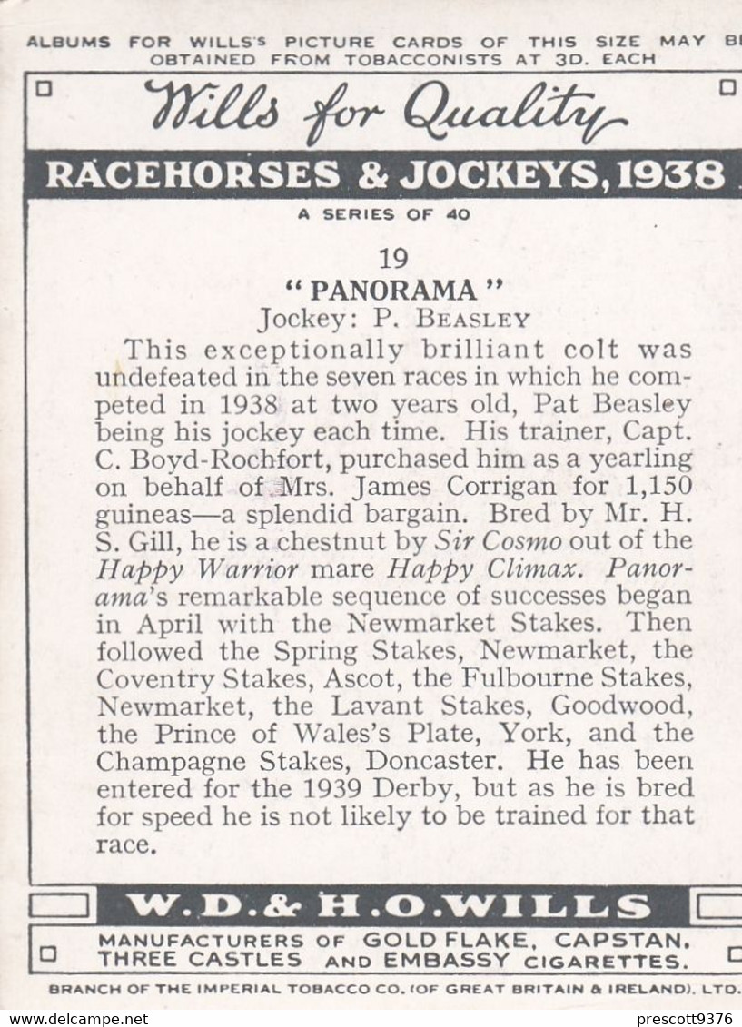 19 Panorama, P Beasley  - Racehorses & Jockeys 1938 - Original Wills Cigarette Card - L Size 6x8cm - Wills