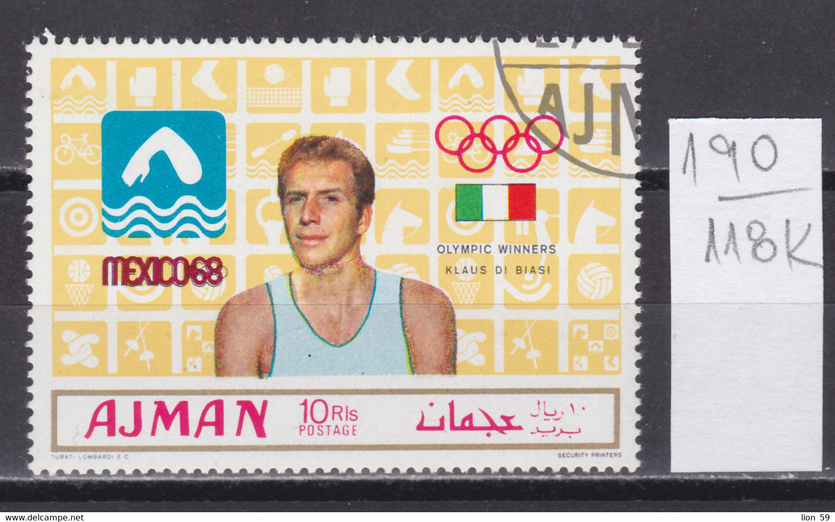 118K190 / Sport Diving Plongeon Wasserspringen Klaus Dibiasi  Diver  Italy Used (o) 1968 Mexico Olympic Games , Ajman - Immersione