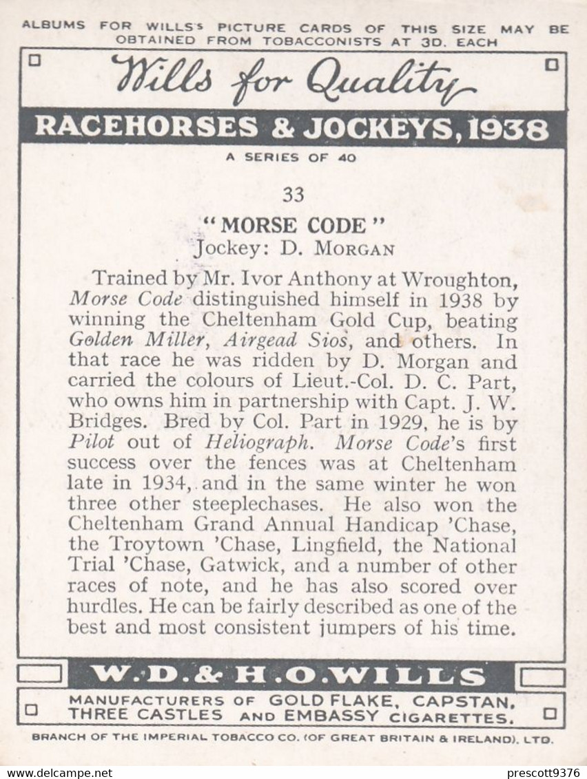 33 Morse Code, D Morgan - Racehorses & Jockeys 1938 - Original Wills Cigarette Card - L Size 6x8cm - Wills
