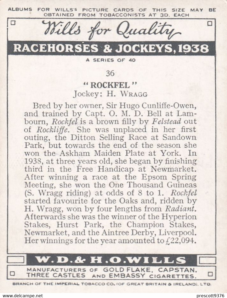 36 Rockfel, Harry Wragg - Racehorses & Jockeys 1938 - Original Wills Cigarette Card - L Size 6x8cm - Wills