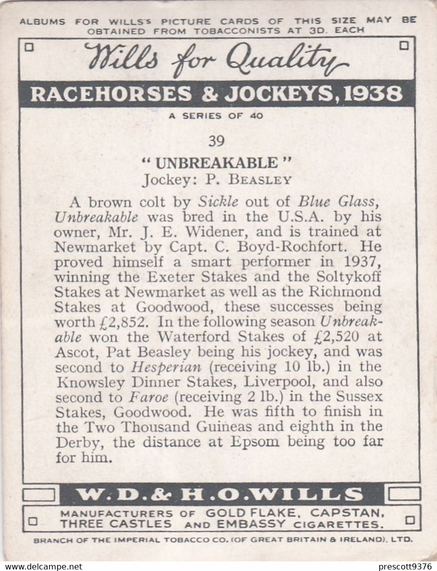 39 Unbreakable, P Beasley - Racehorses & Jockeys 1938 - Original Wills Cigarette Card - L Size 6x8cm - Wills