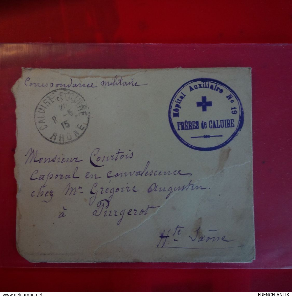 LETTRE CORRESPONDANCE MILITAIRE POUR PURGEROT CACHET HOPITAL AUXILIAIRE FRERES DE CALUIRE - Brieven En Documenten