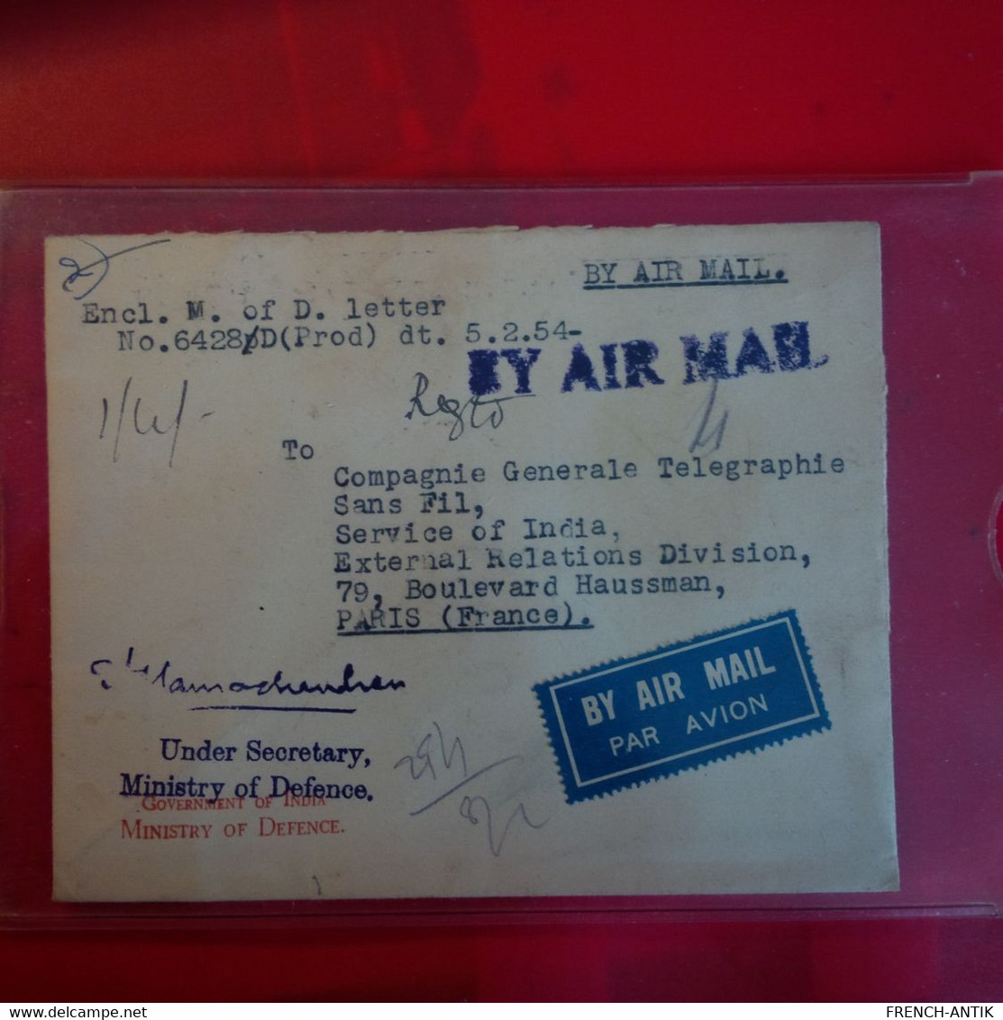 LETTRE RECOMMANDE BY AIR MAIL INDE DELHI POUR PARIS MINISTRY OF DEFENSE - Brieven En Documenten