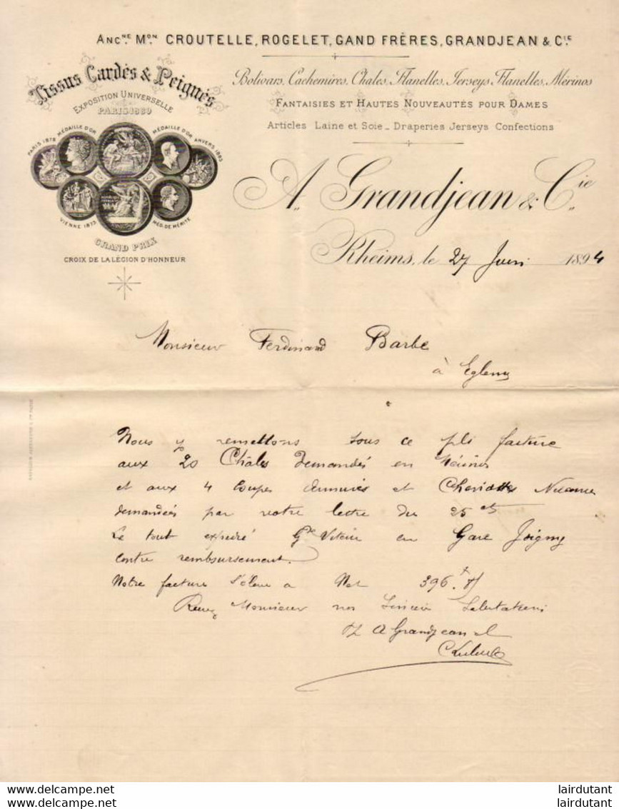 TISUS CARDÉS ET PEIGNÉS A.GRANDJEAN À RHEIMS ( REIMS )  ....... CORRESPONDANCE COMMERCIALE DE 1894 - Vestiario & Tessile